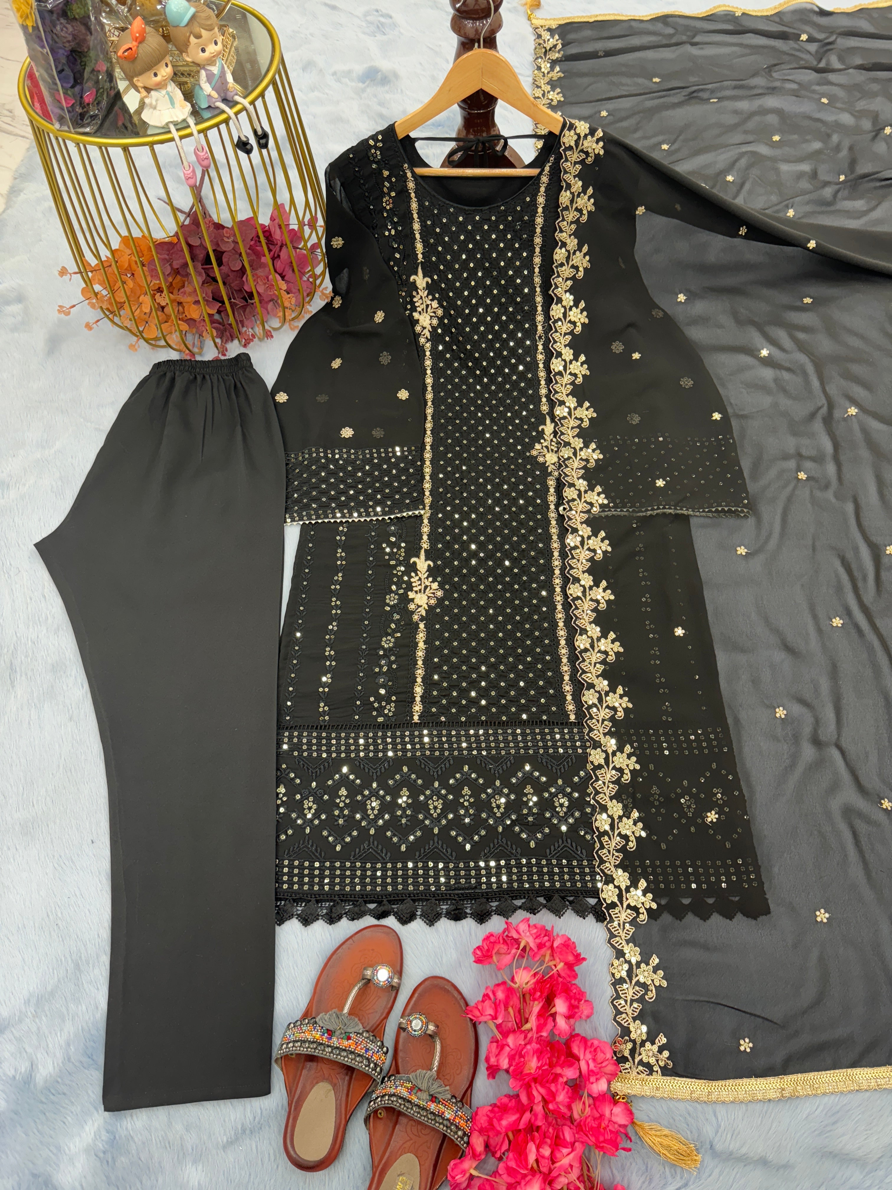 Designer Party Wear Top Bottom & Dupatta With Embroidery Sequence Work
