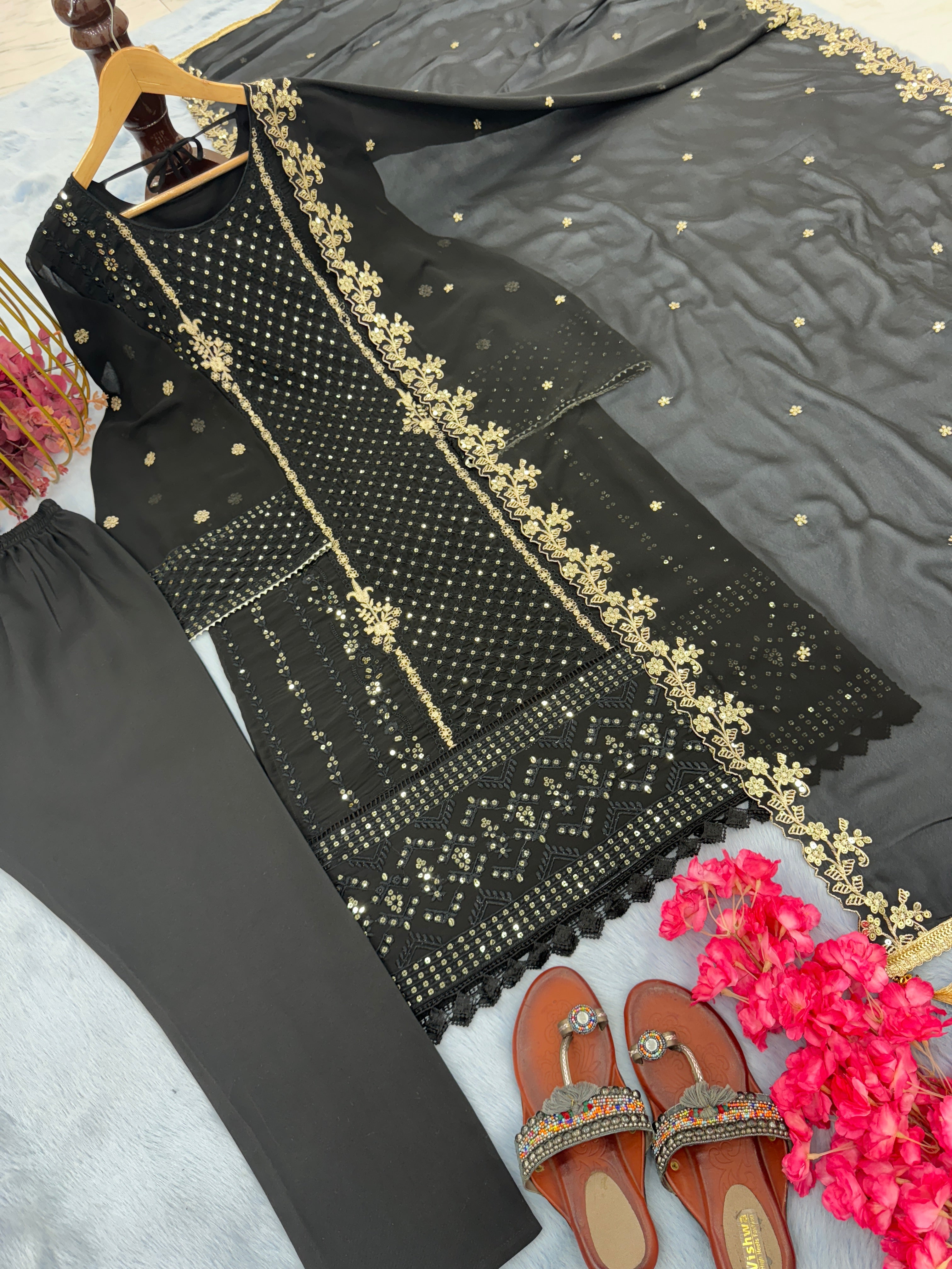 Designer Party Wear Top Bottom & Dupatta With Embroidery Sequence Work