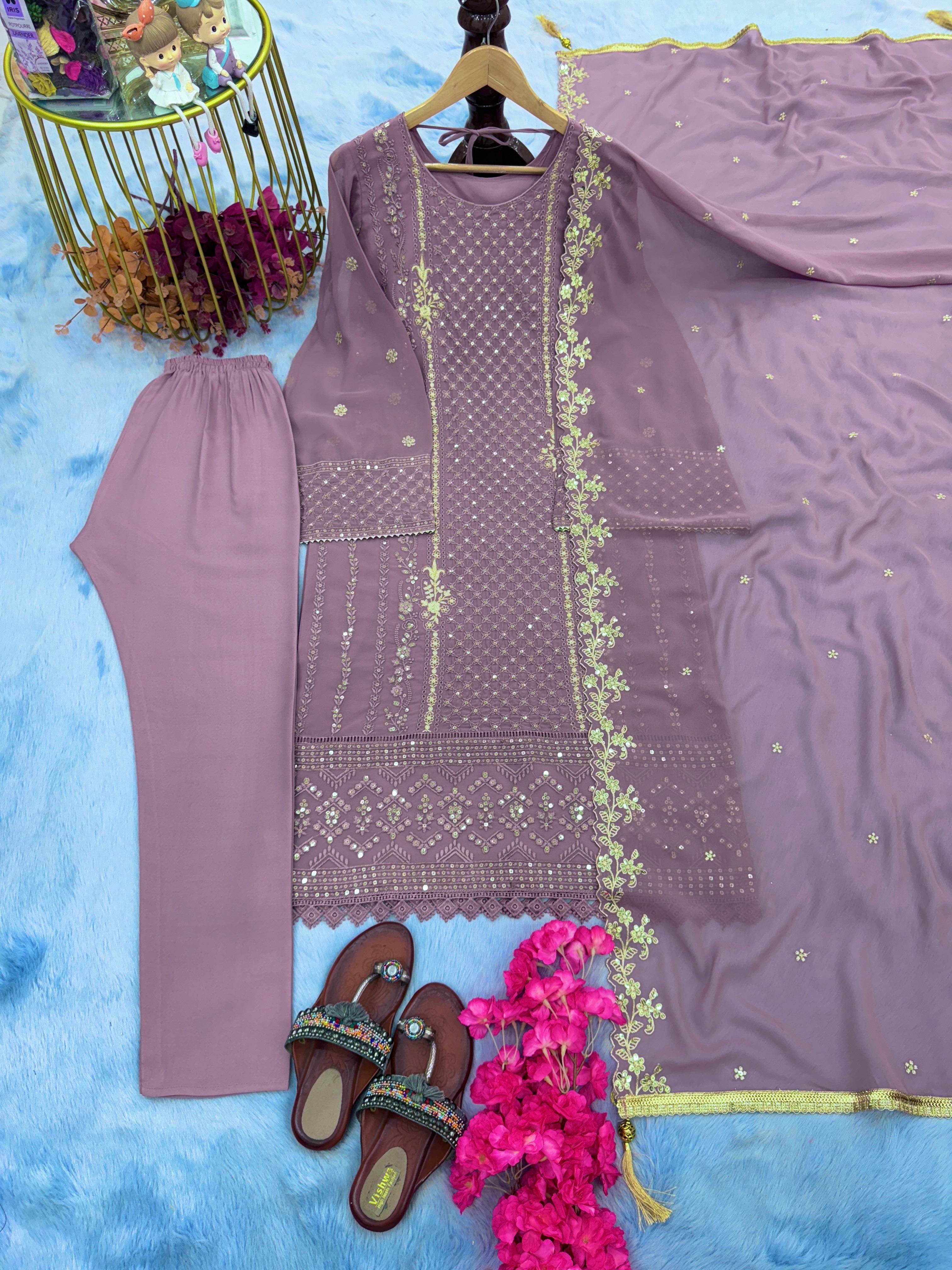 Designer Party Wear Top Bottom & Dupatta With Embroidery Sequence Work