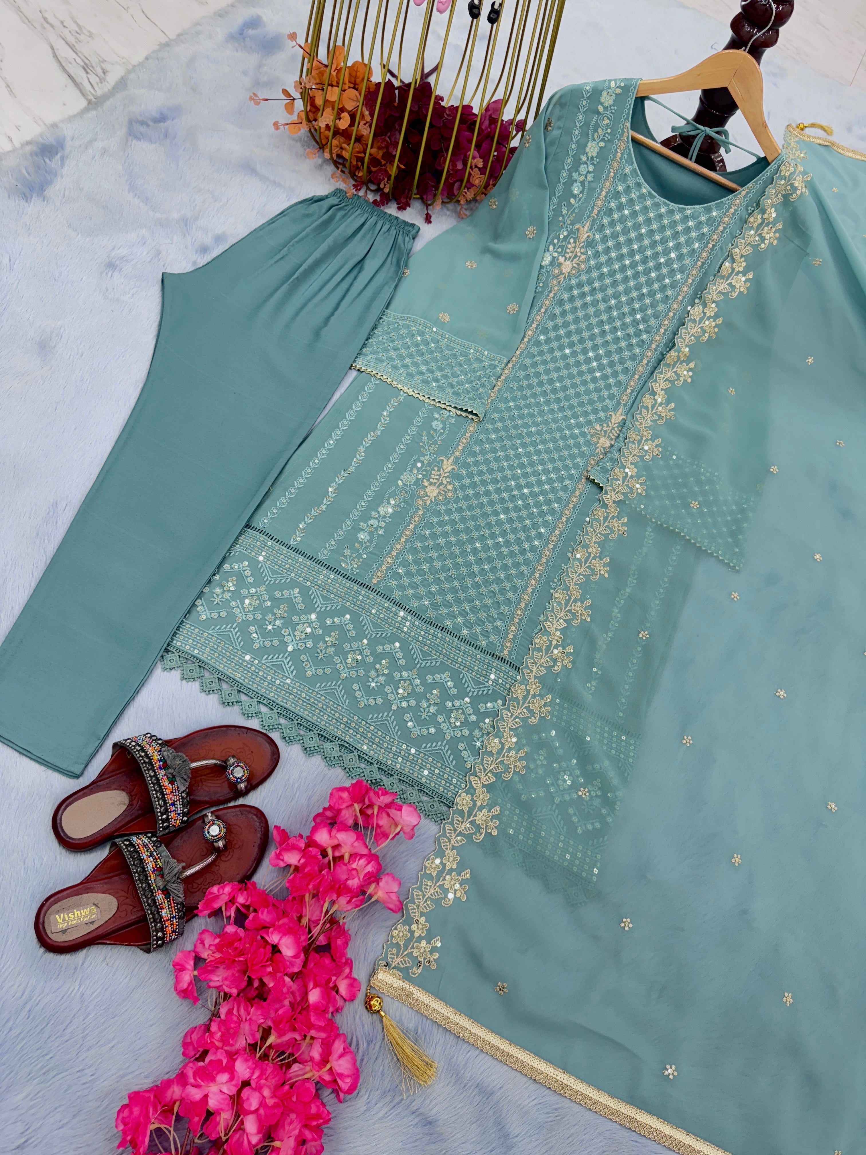 Designer Party Wear Top Bottom & Dupatta With Embroidery Sequence Work