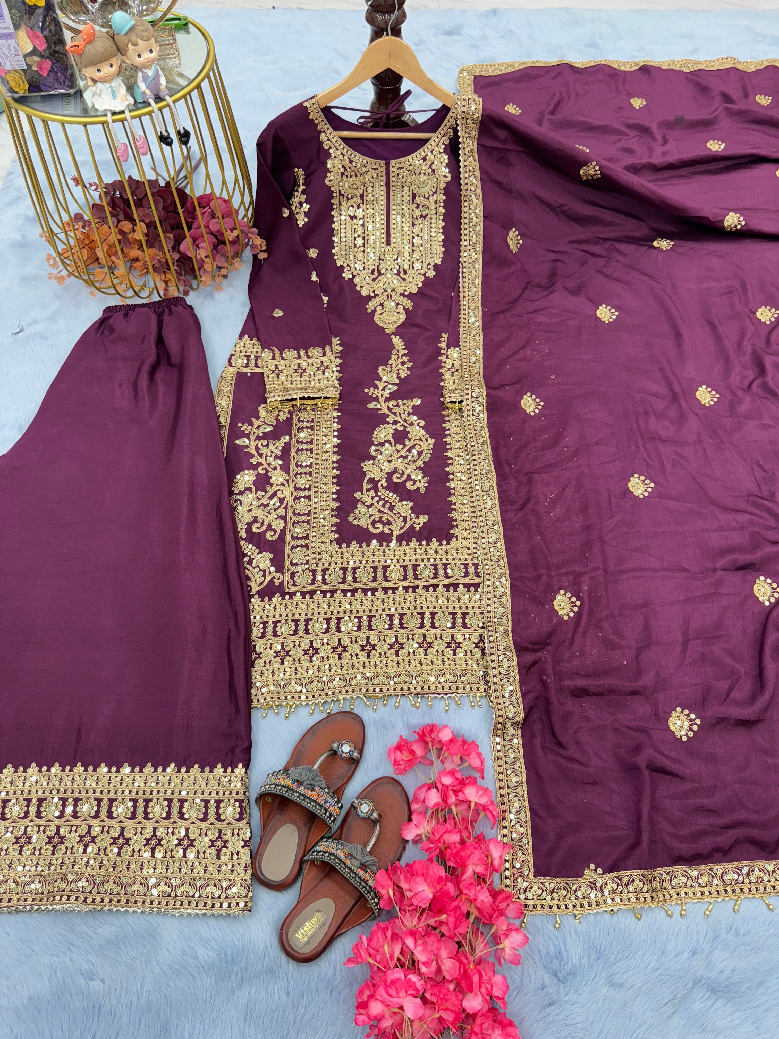 Party Wear Look Pure Silk Top Plazzo & Dupatta Set