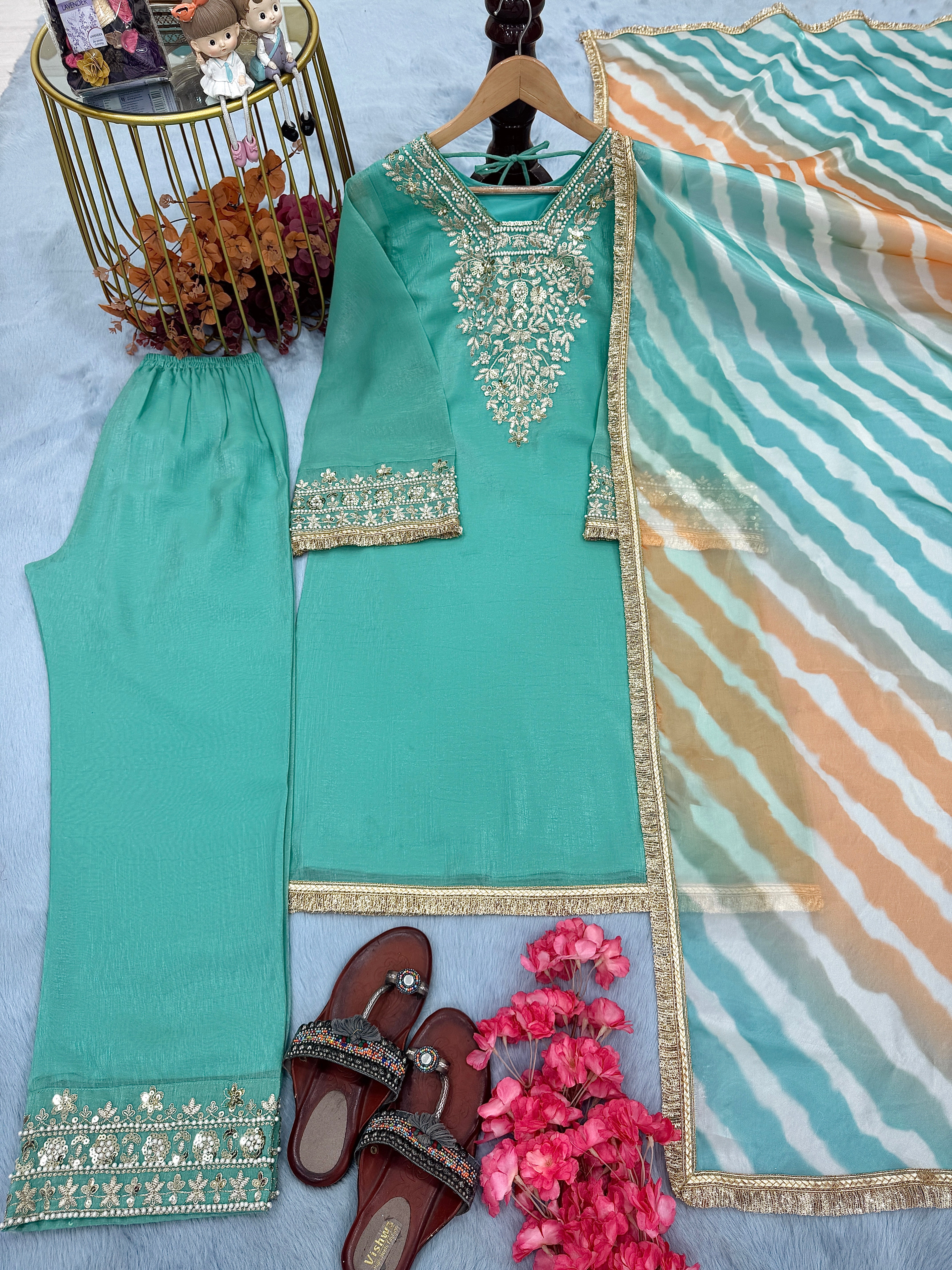 Designer Party Wear Look Top Plazzo & Dupatta Set