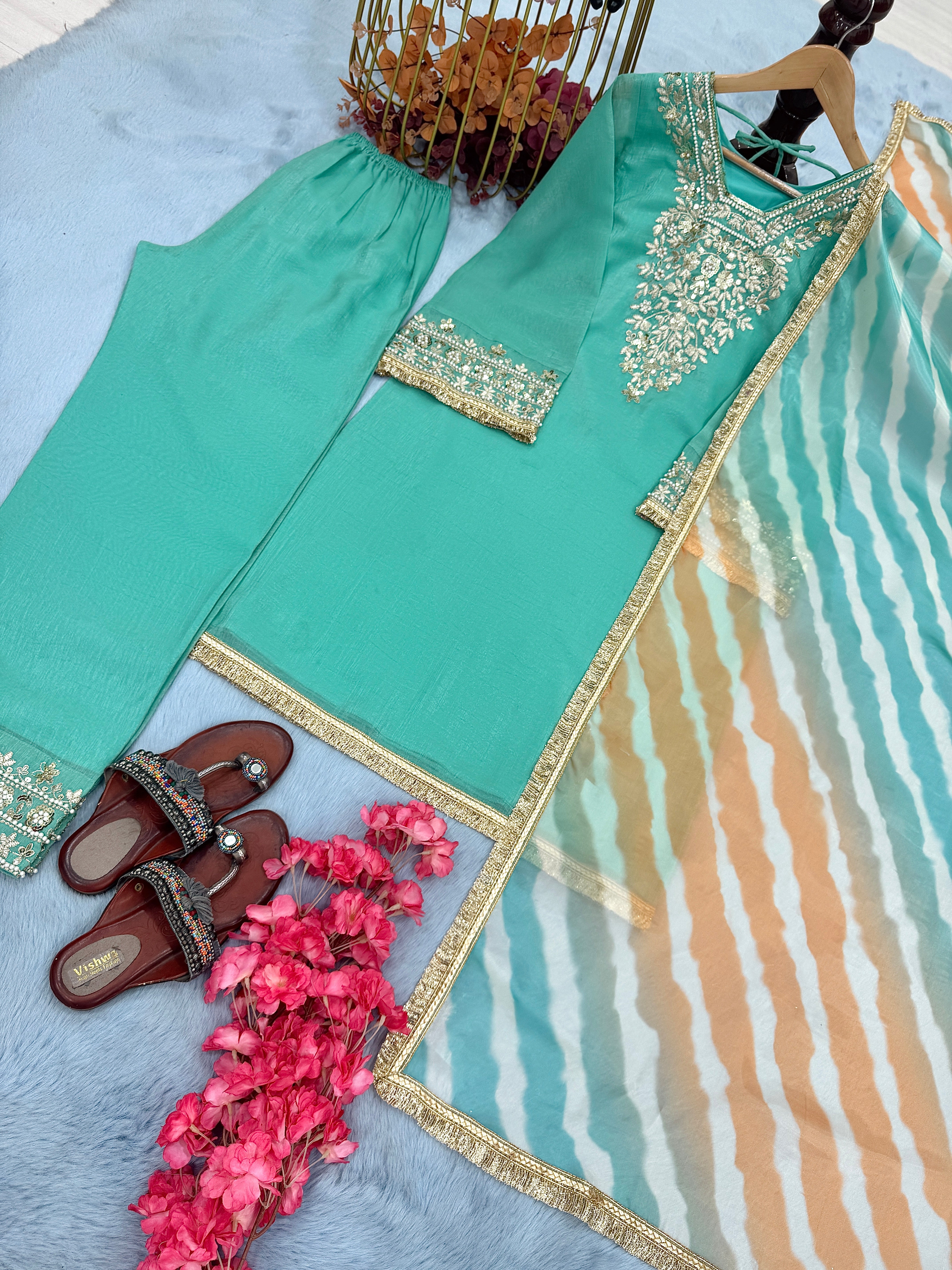 Designer Party Wear Look Top Plazzo & Dupatta Set