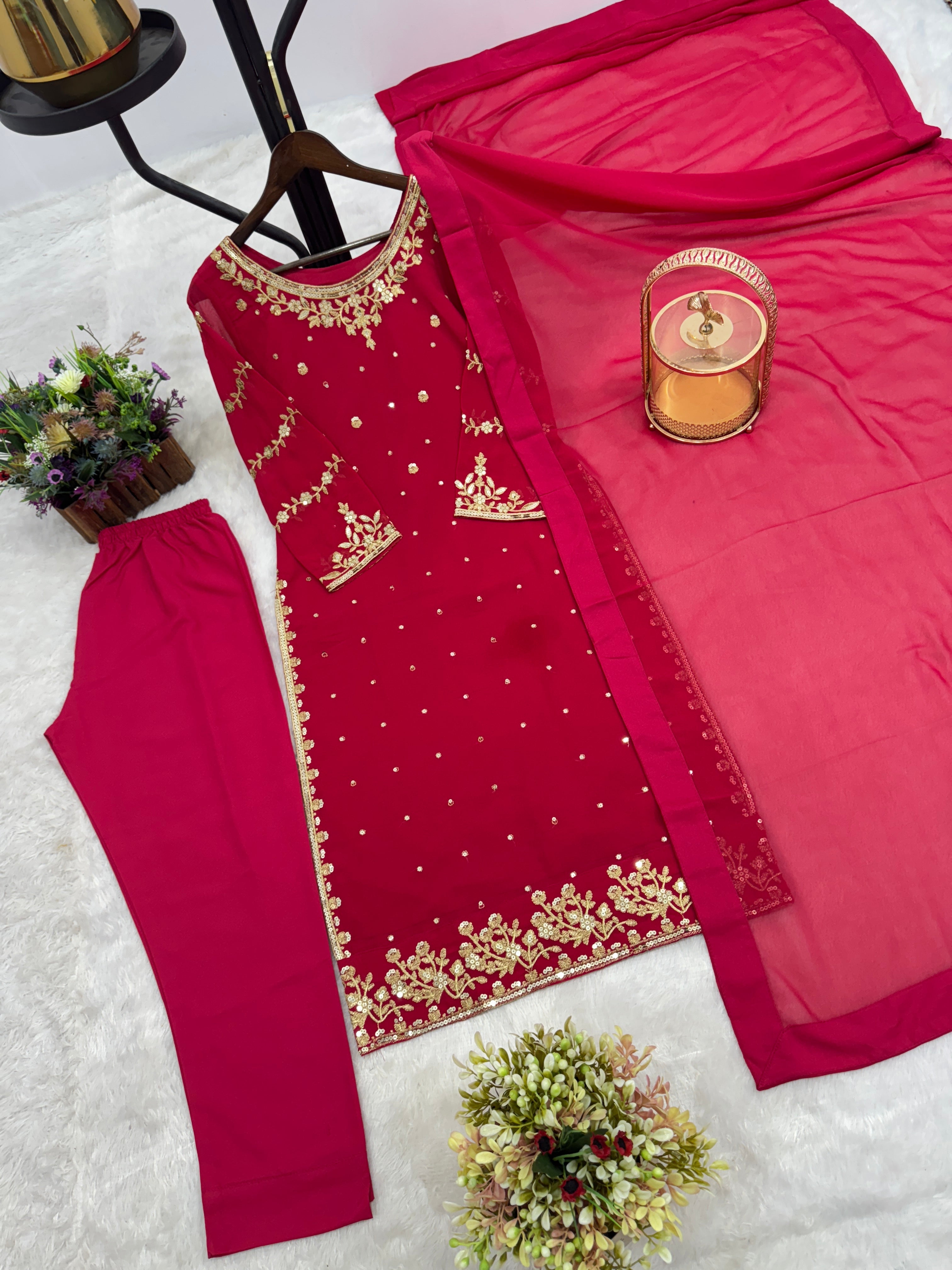 Beautiful Top-Bottom And Dupatta With Embroidery And Sequins Work