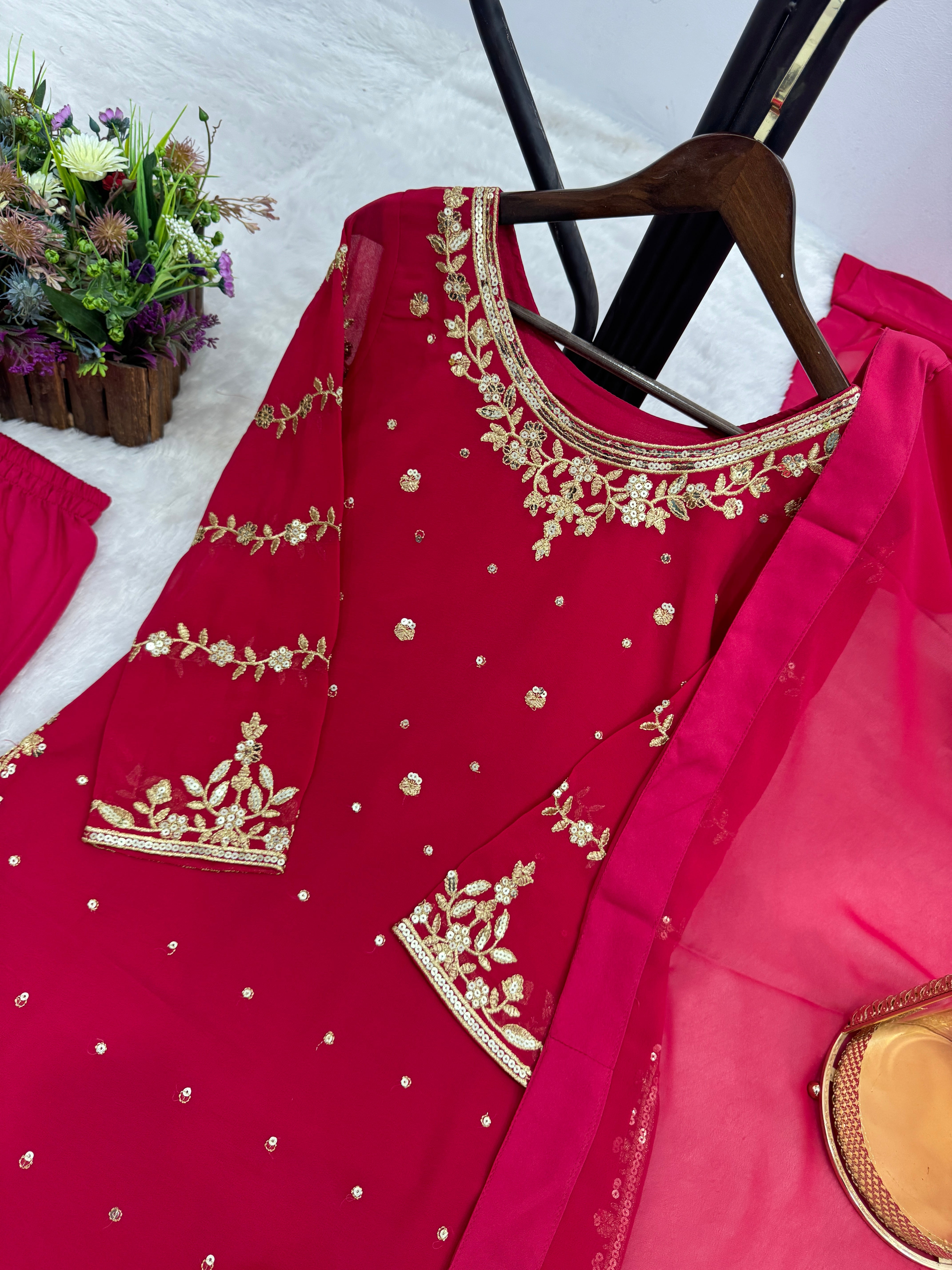 Beautiful Top-Bottom And Dupatta With Embroidery And Sequins Work