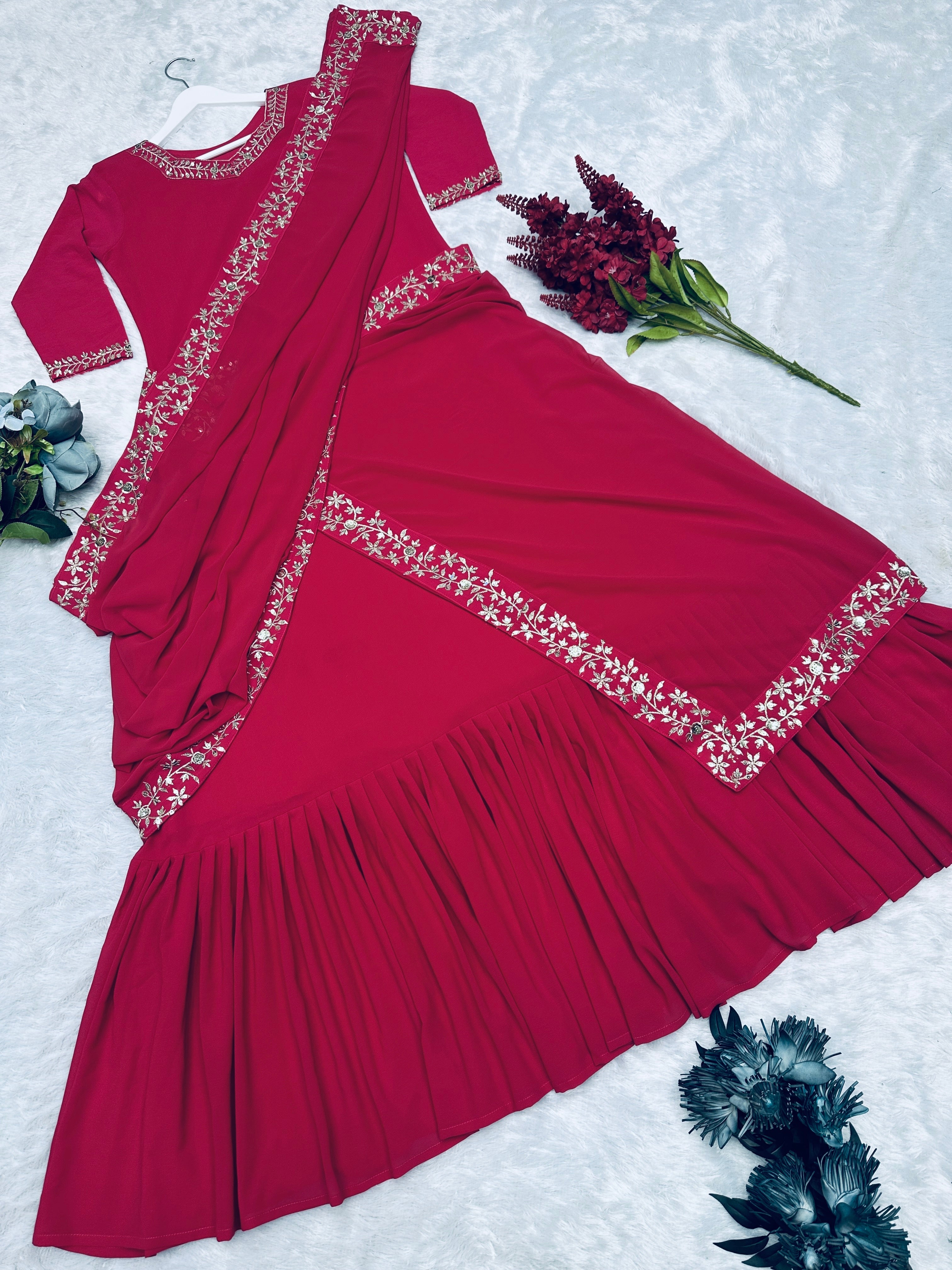 Party Wear Designer Gown With Saree With Ruffle Work