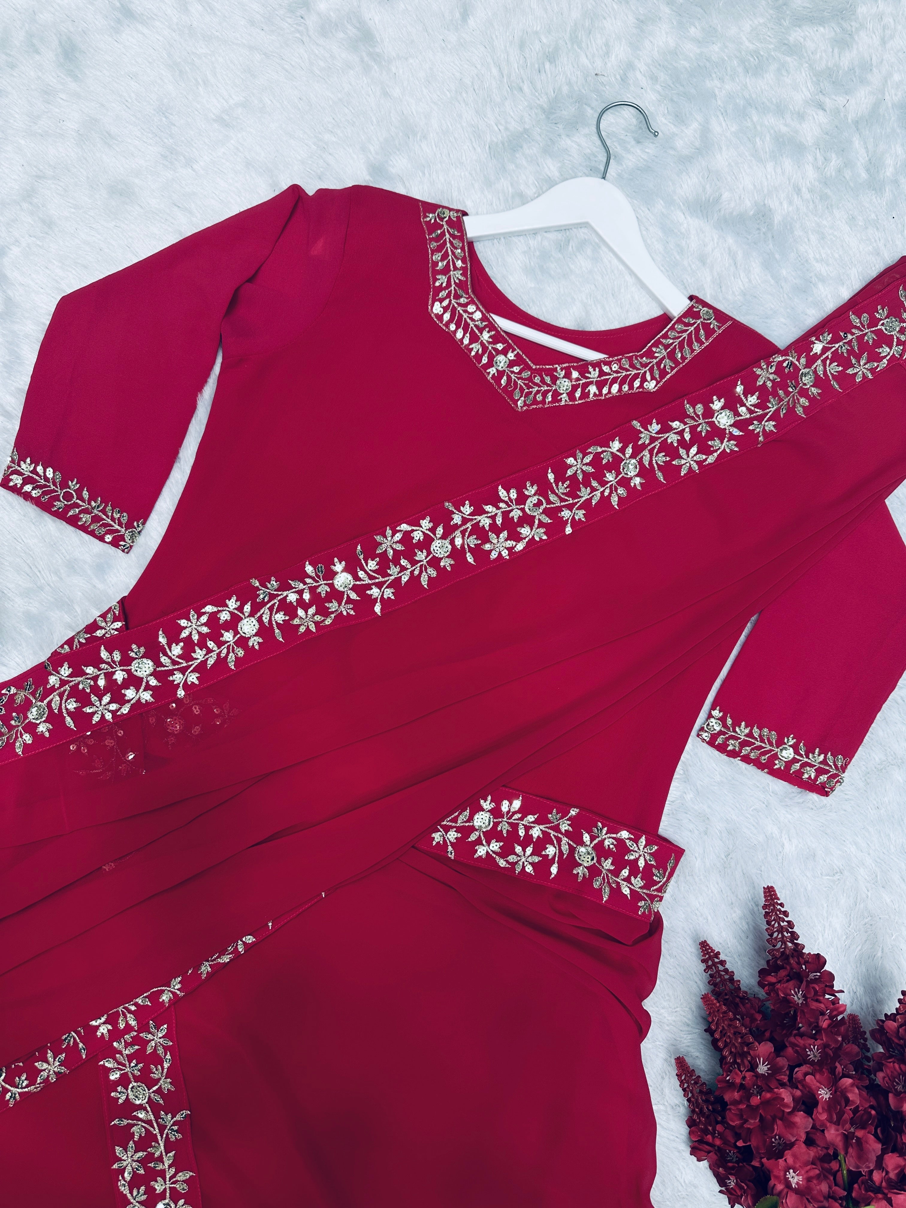 Party Wear Designer Gown With Saree With Ruffle Work