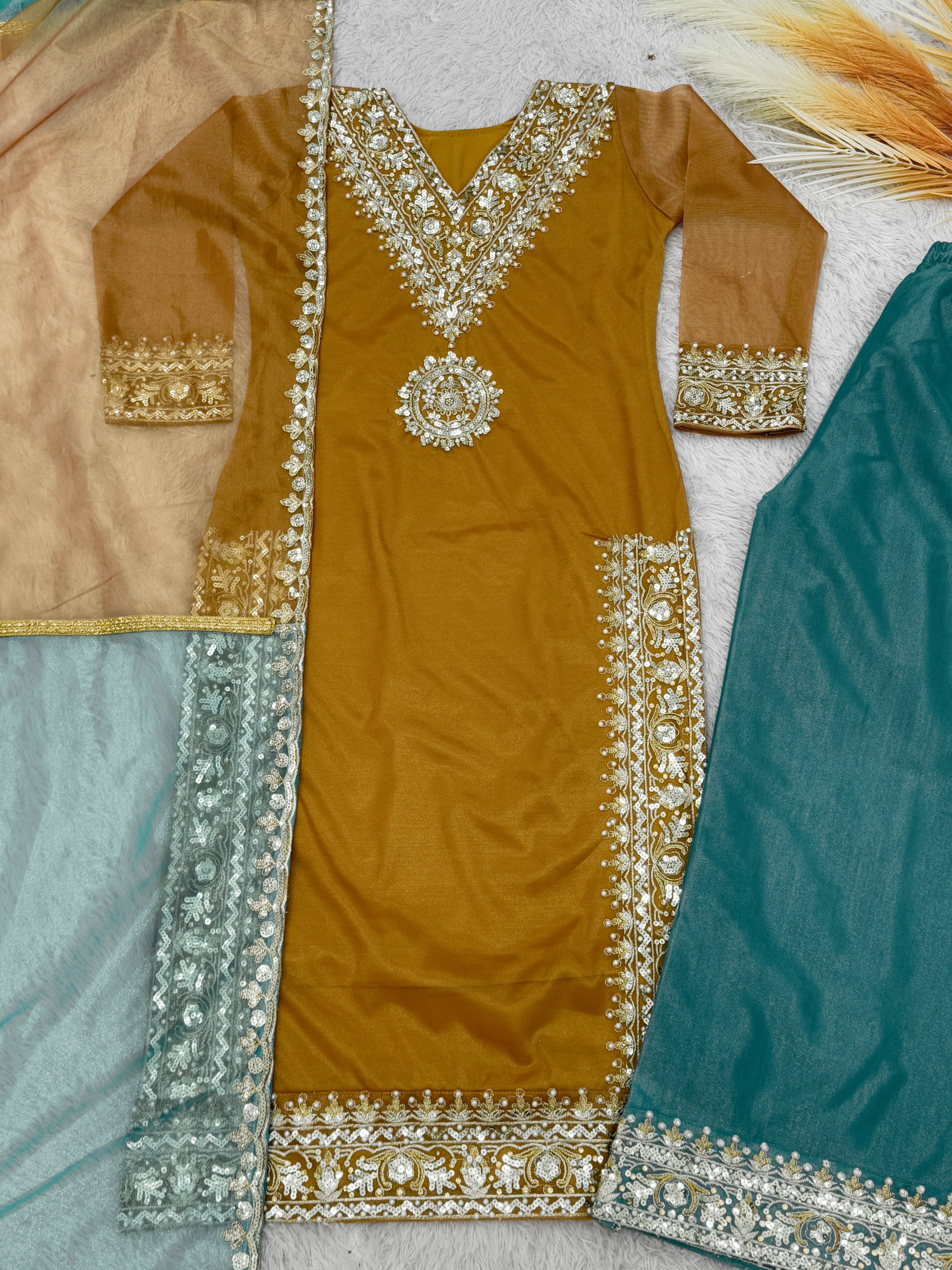 Fancy Suit With Embroidery And Sequence Work With Stone Hand Work