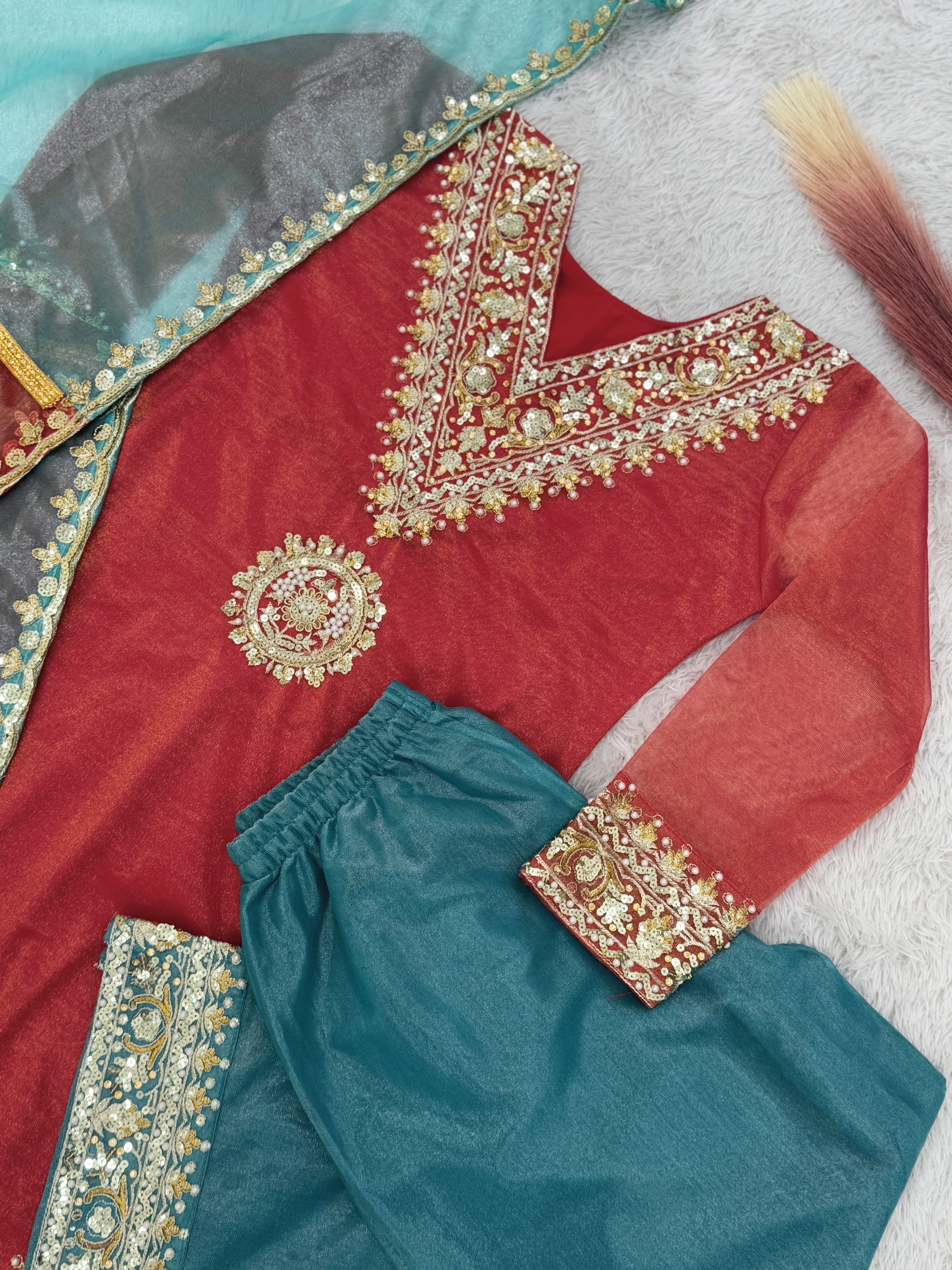 Fancy Suit With Embroidery And Sequence Work With Stone Hand Work