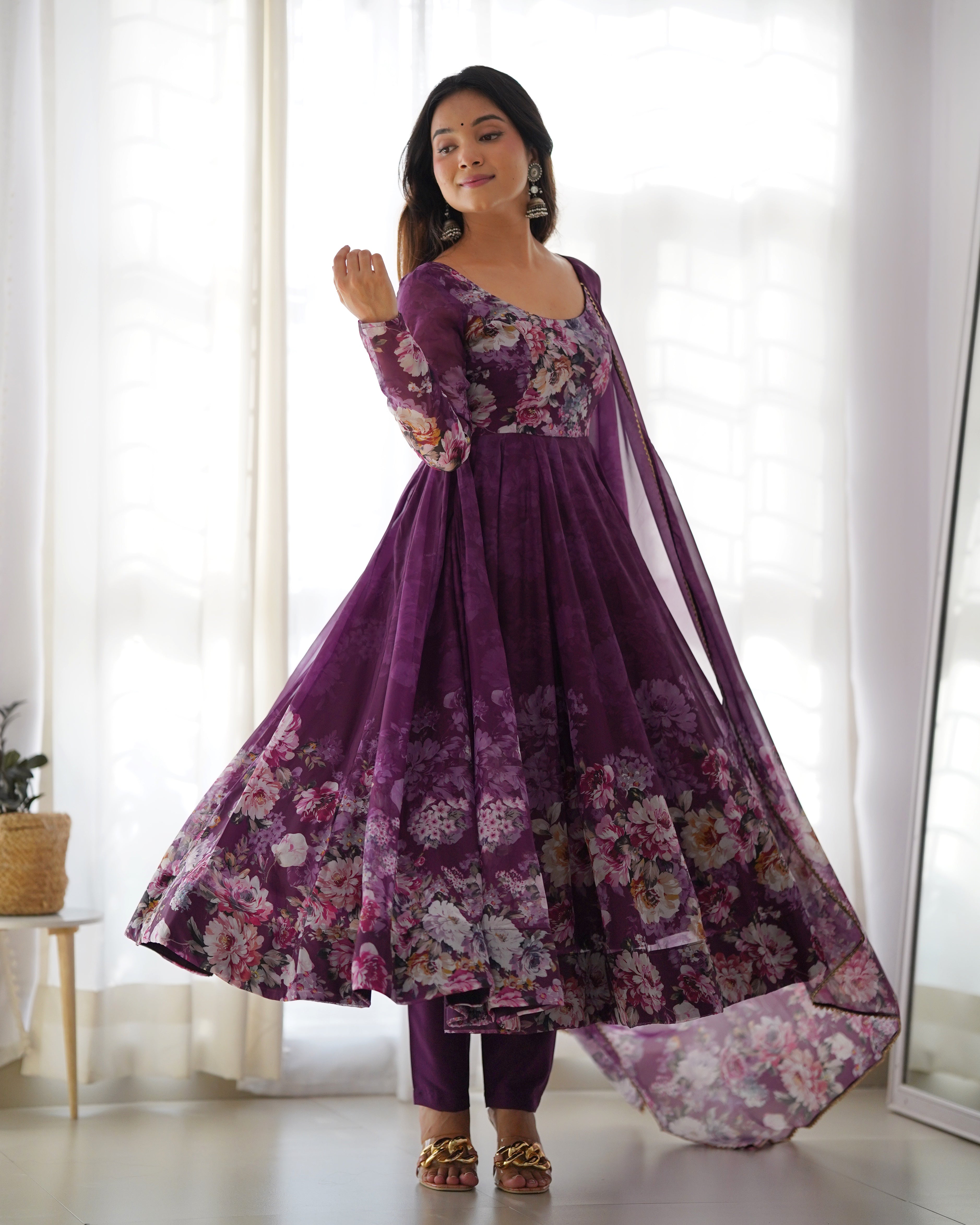 Party Wear Anarkali Gown And Pent With Dupatta With Floral Print