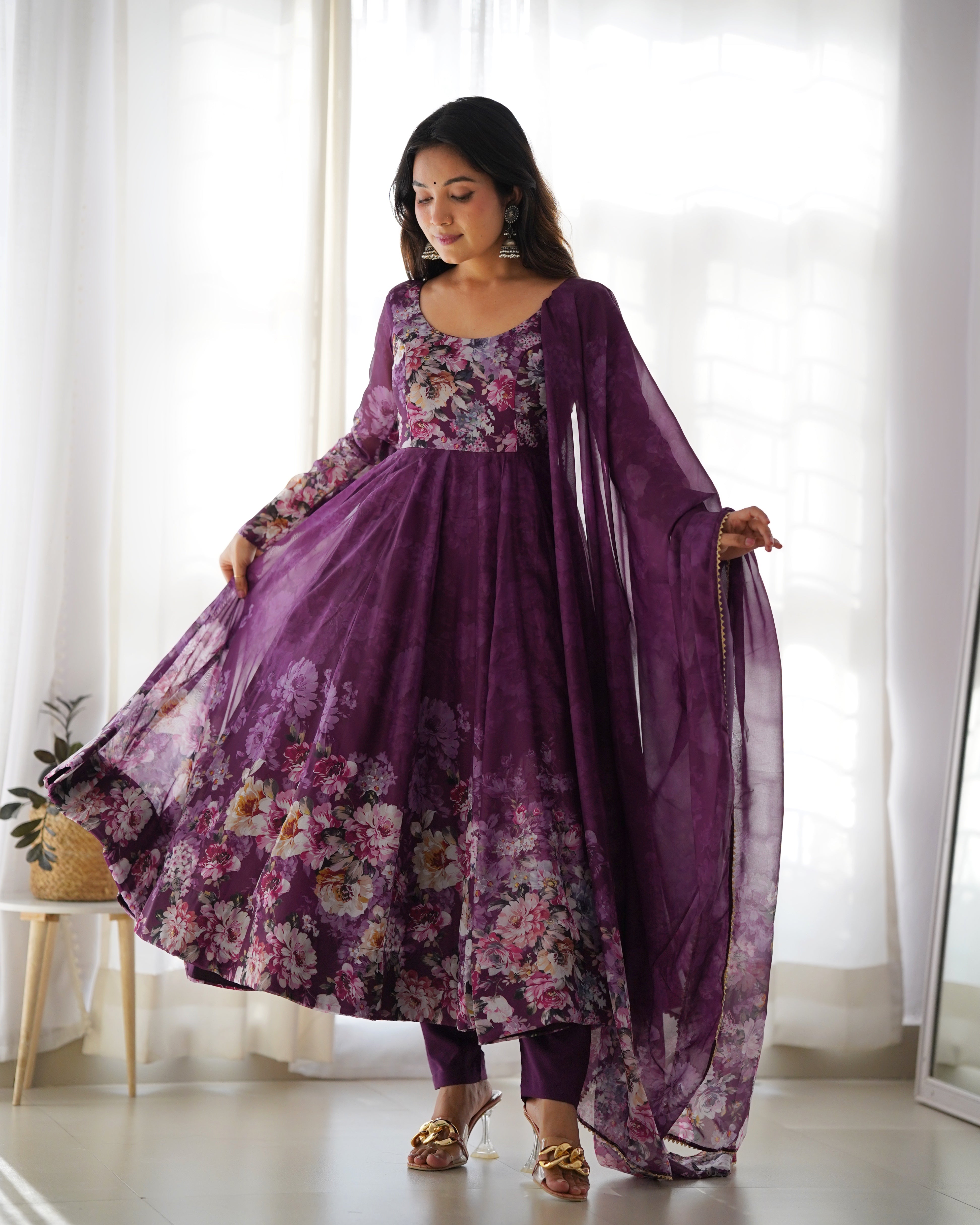 Party Wear Anarkali Gown And Pent With Dupatta With Floral Print