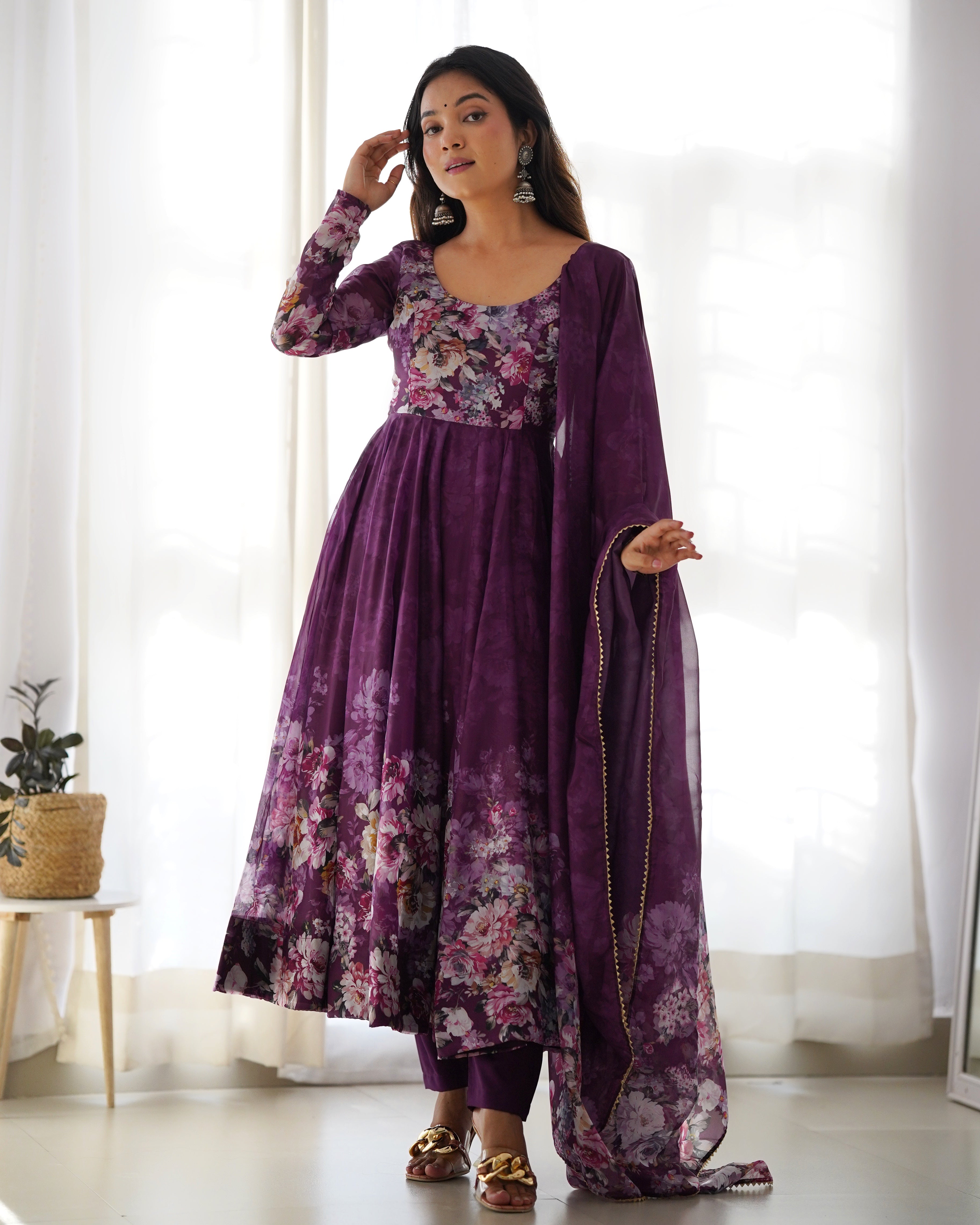 Party Wear Anarkali Gown And Pent With Dupatta With Floral Print