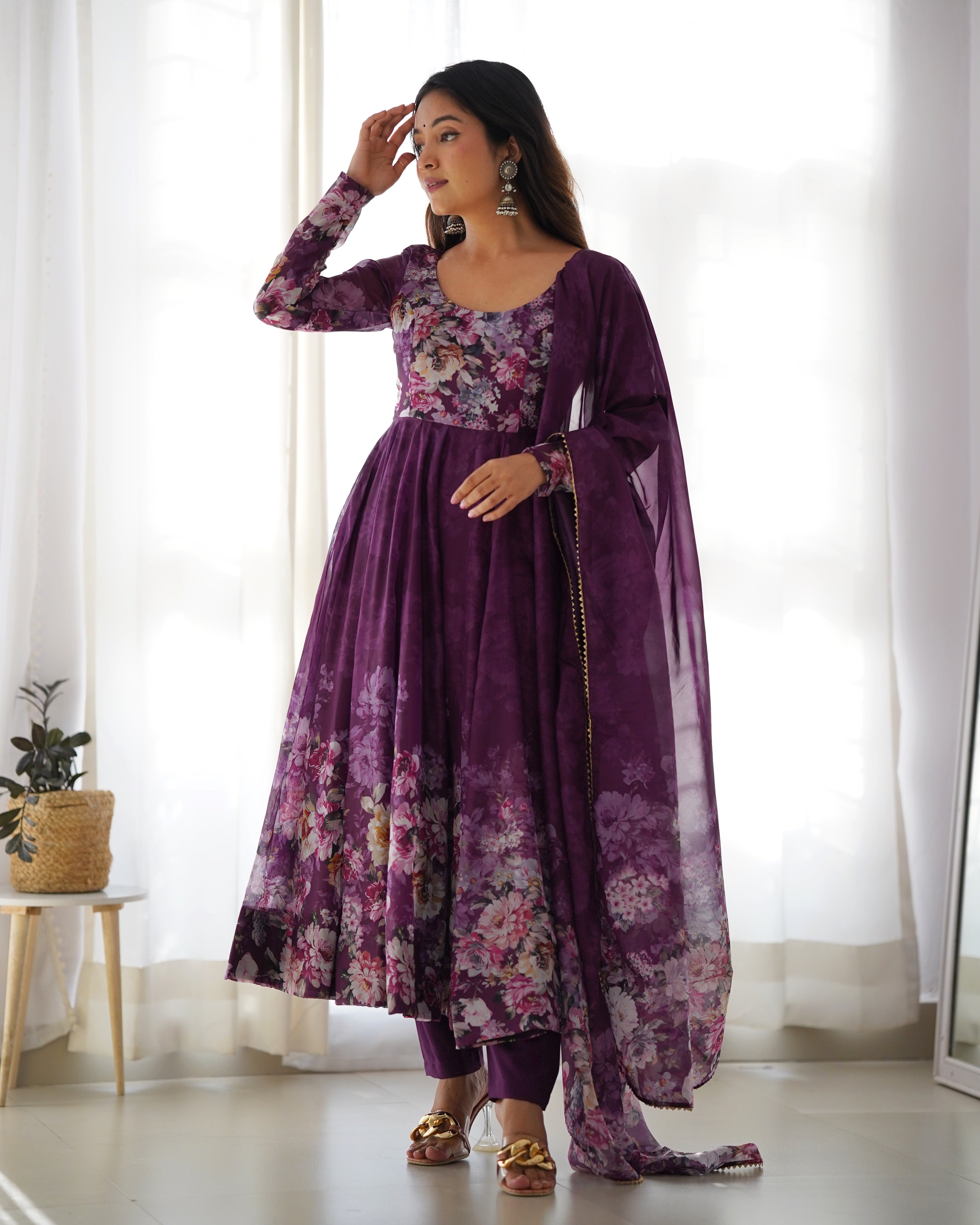 Party Wear Anarkali Gown And Pent With Dupatta With Floral Print