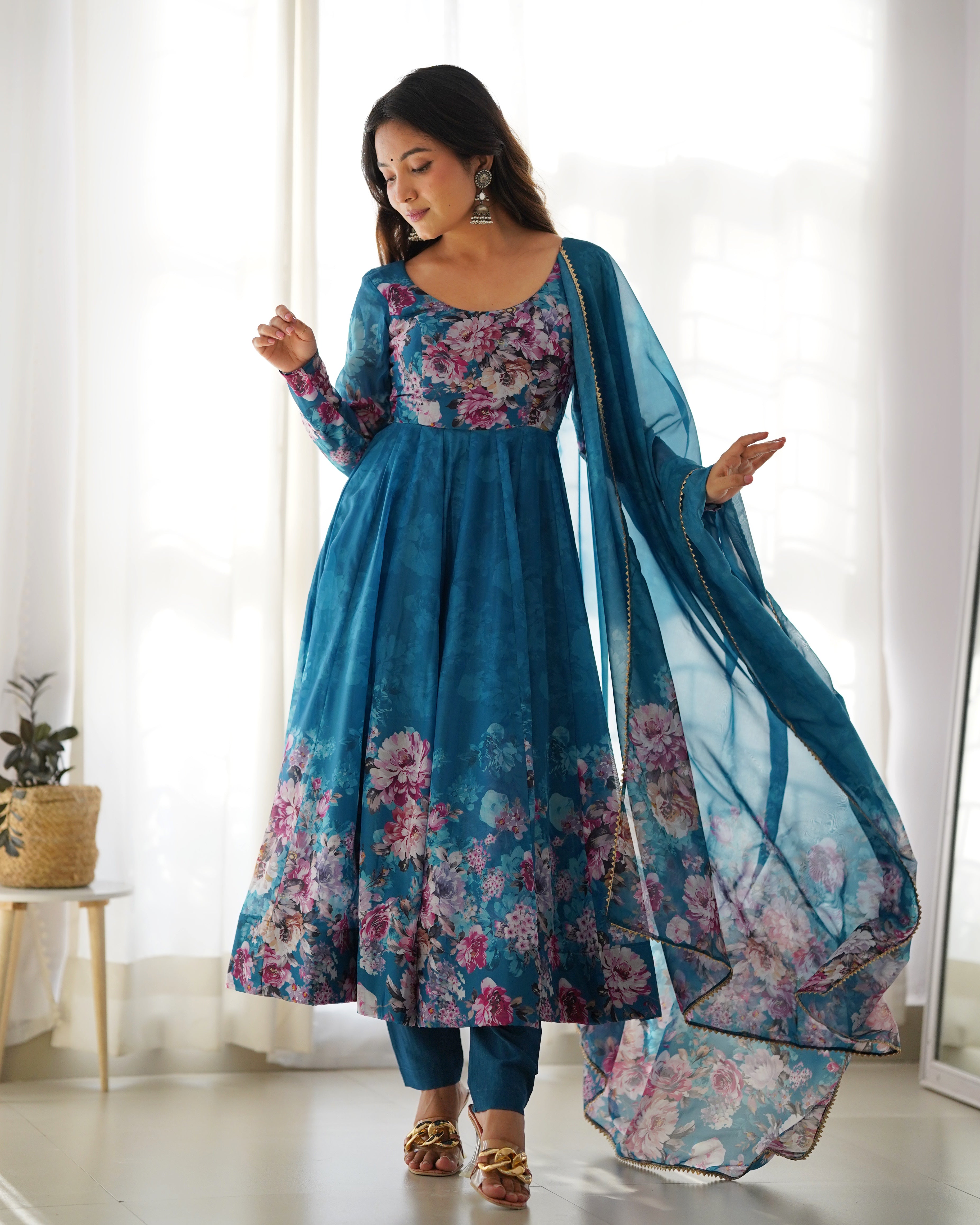 Party Wear Anarkali Gown And Pent With Dupatta With Floral Print