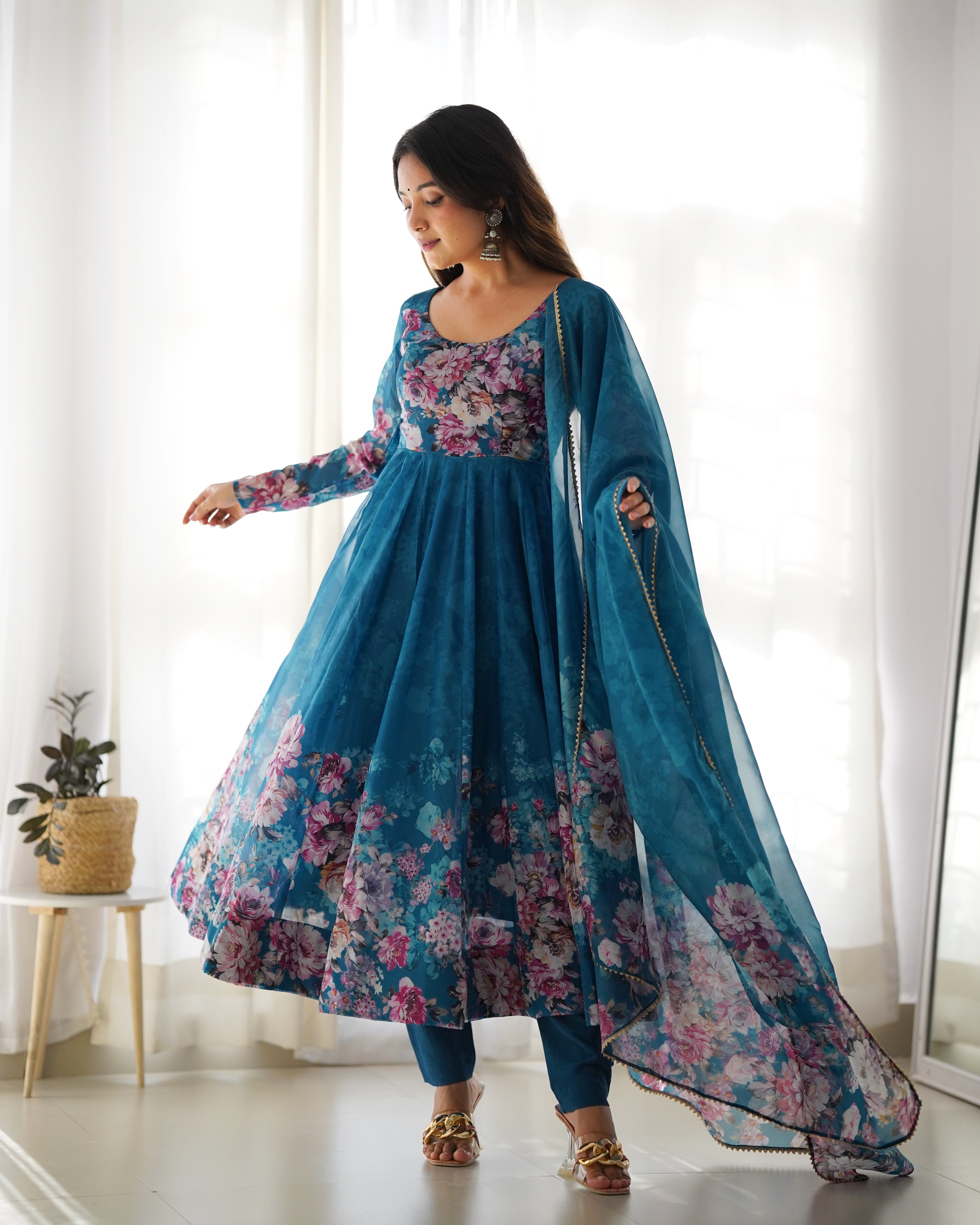 Party Wear Anarkali Gown And Pent With Dupatta With Floral Print