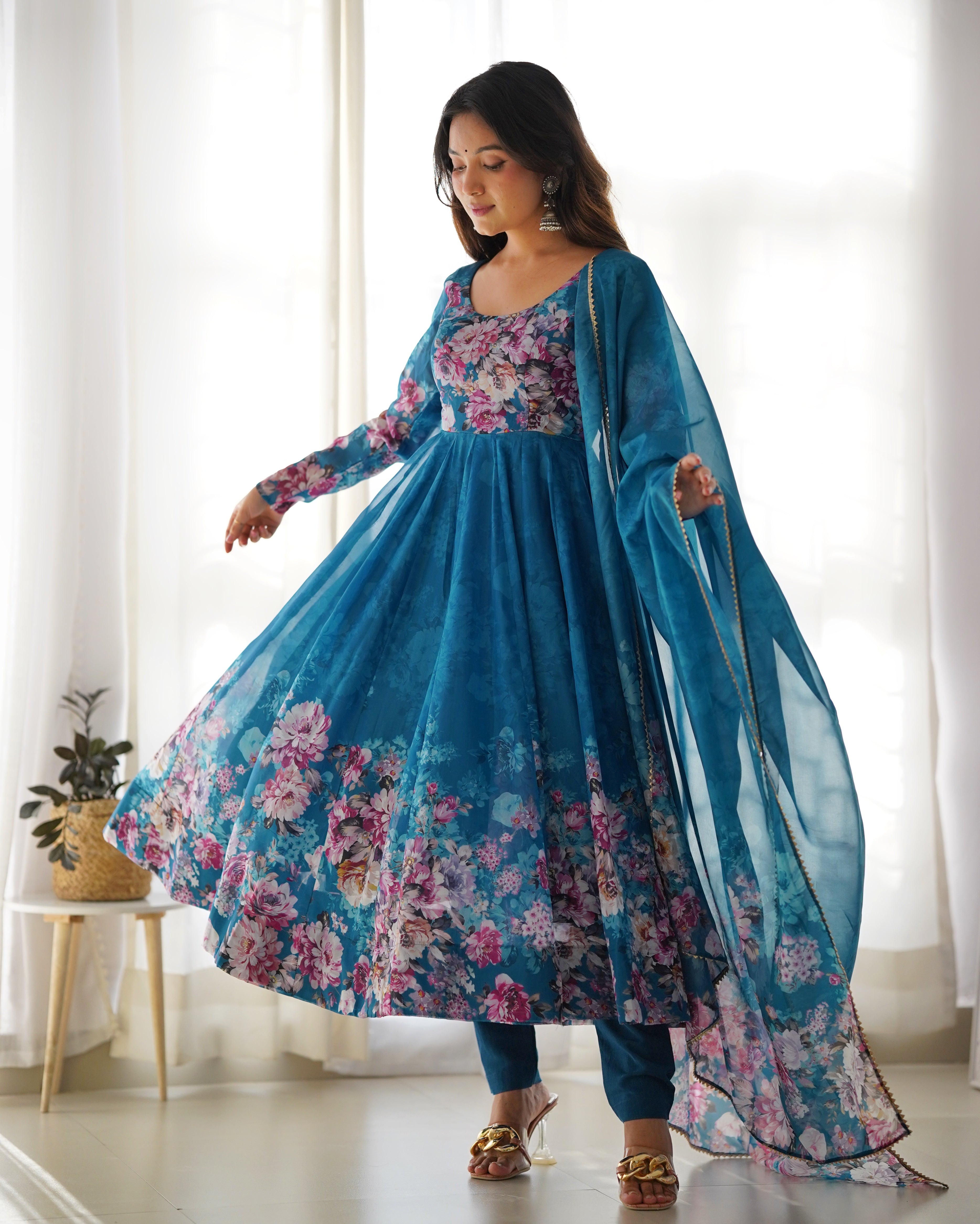 Party Wear Anarkali Gown And Pent With Dupatta With Floral Print