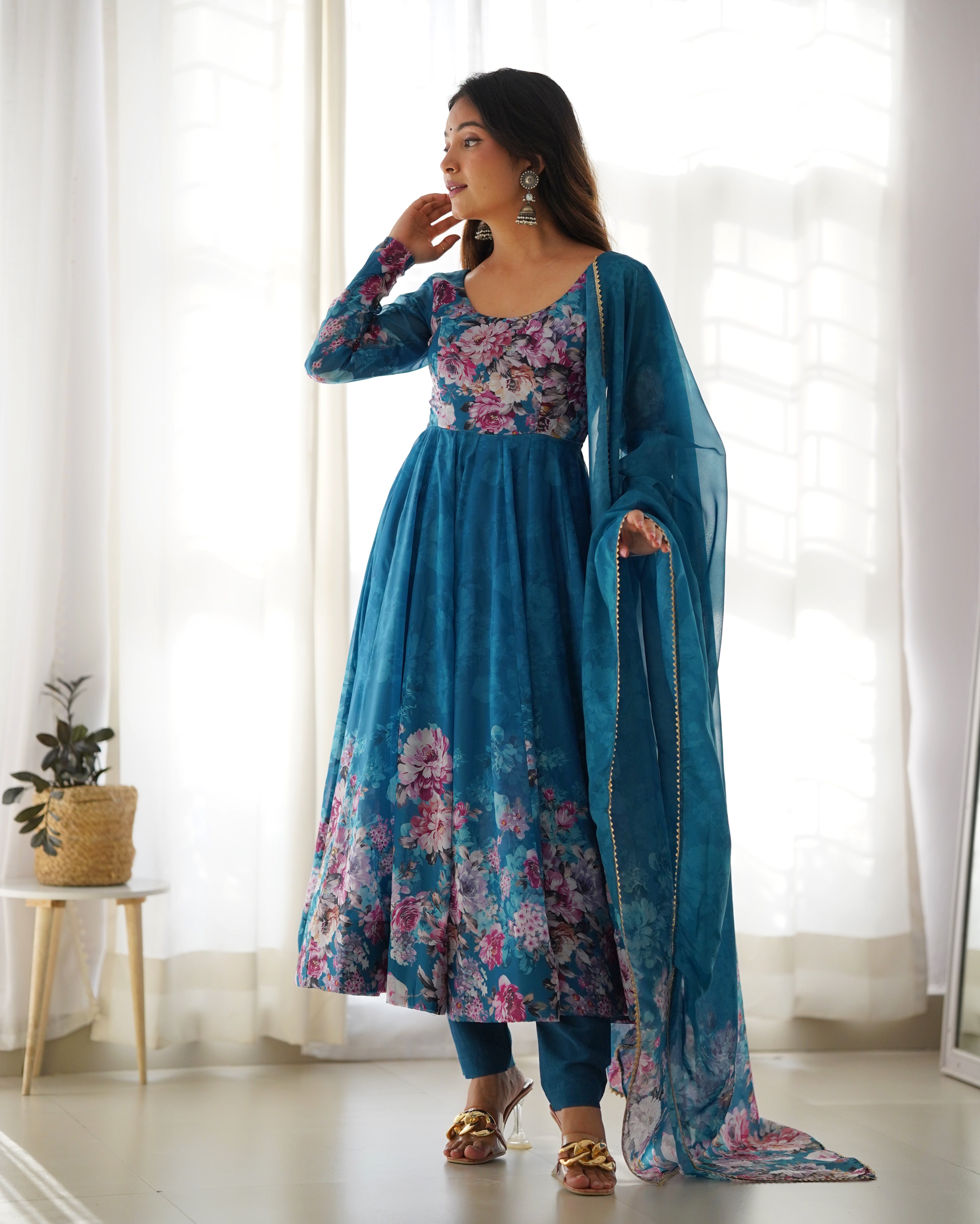 Party Wear Anarkali Gown And Pent With Dupatta With Floral Print