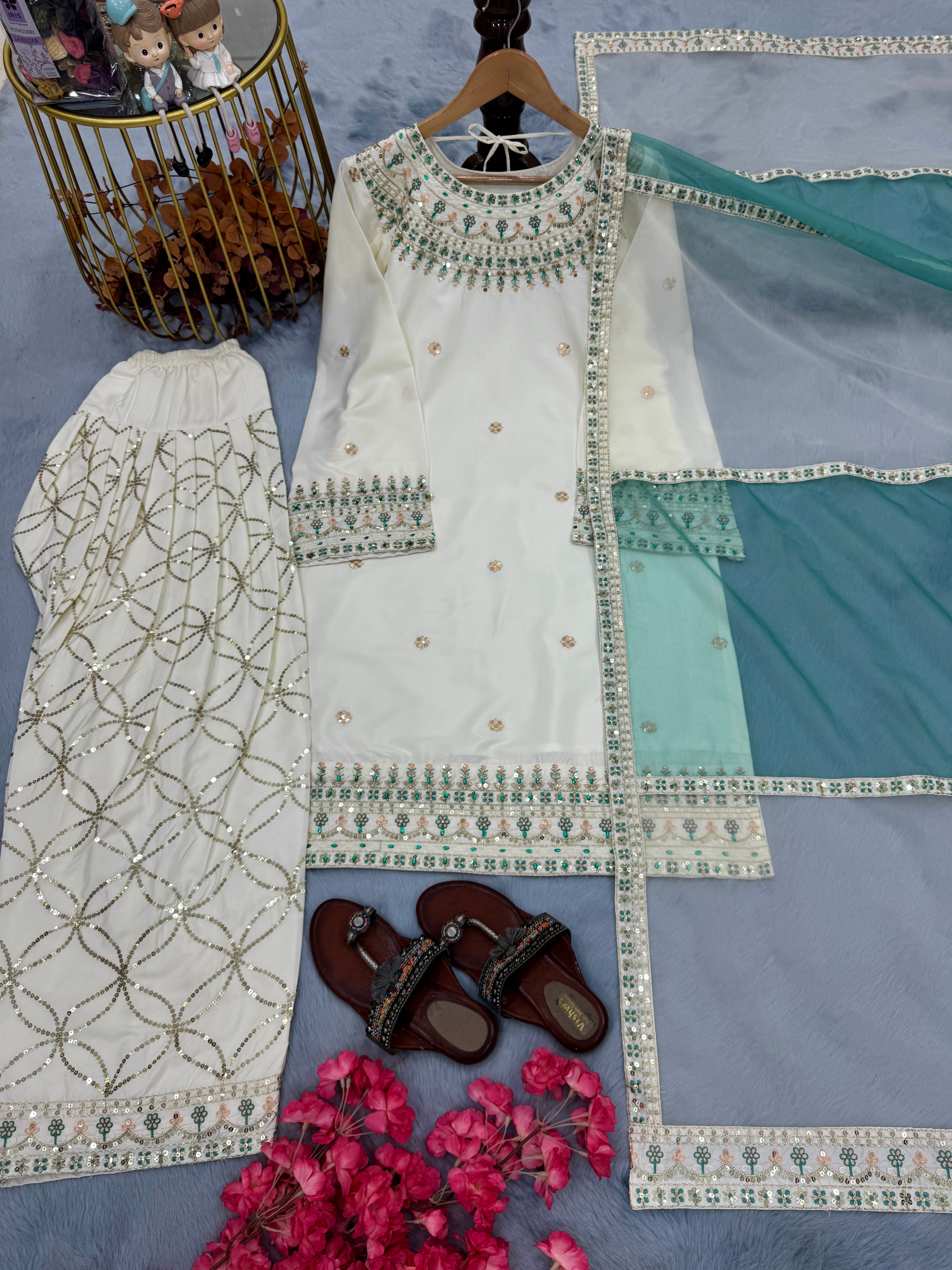 Designer Party Wear Look Top, Palazzo With Dupatta