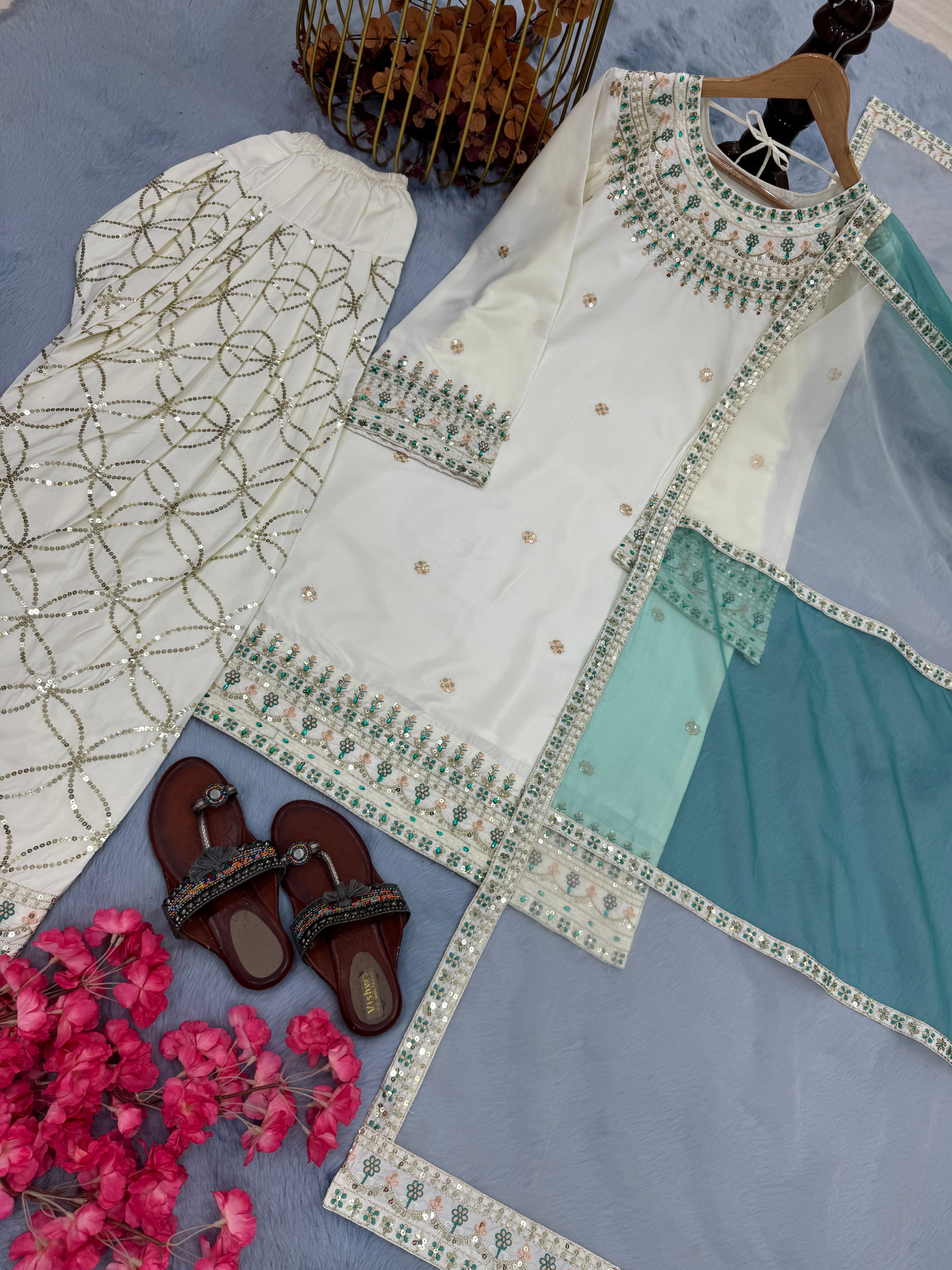 Designer Party Wear Look Top, Palazzo With Dupatta