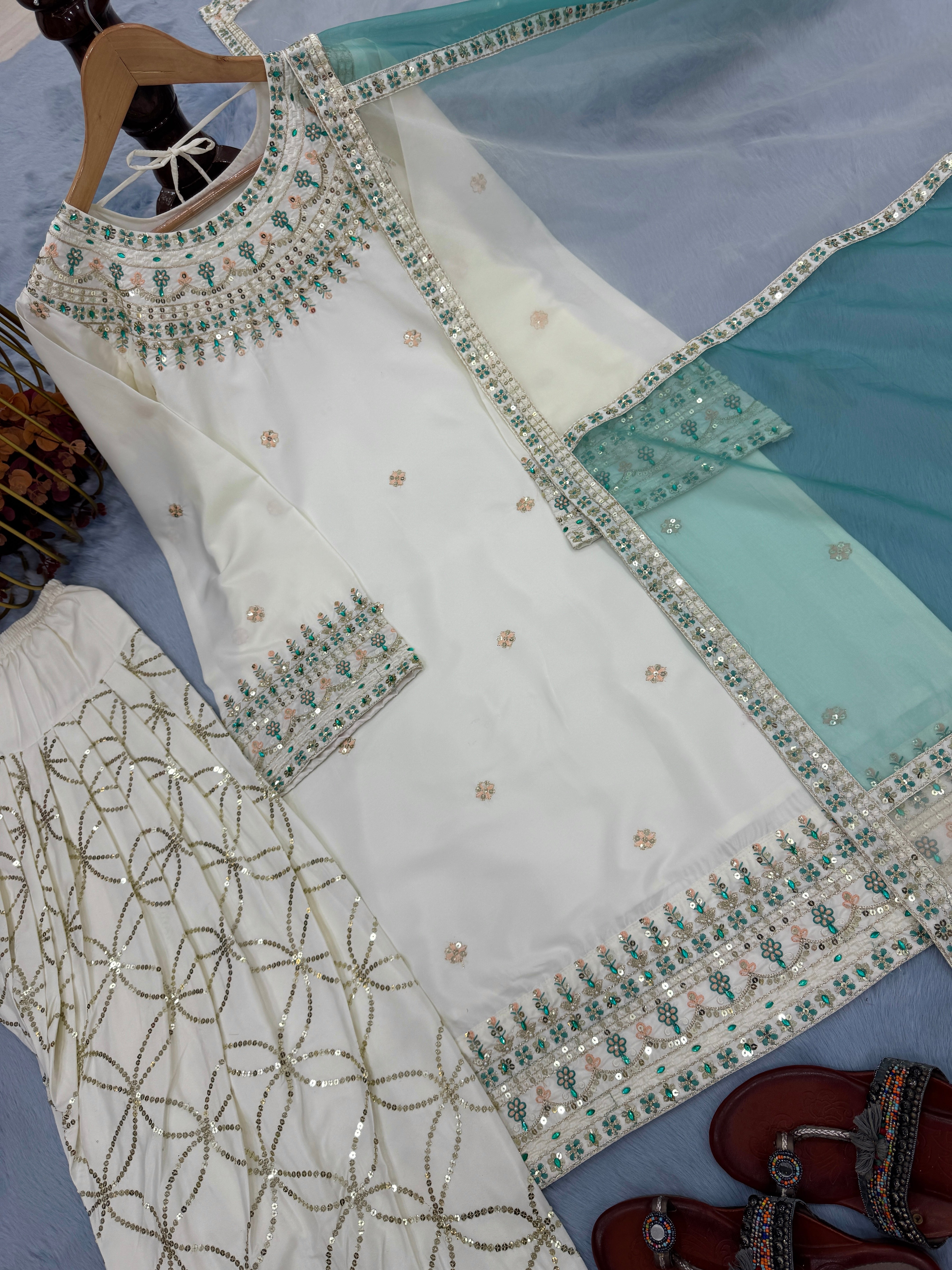 Designer Party Wear Look Top, Palazzo With Dupatta