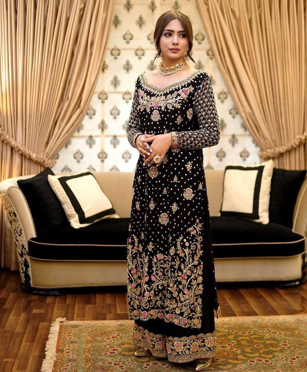 Designer Top - Plazzo With Dupatta With Embroidery And Riveted Moti Work