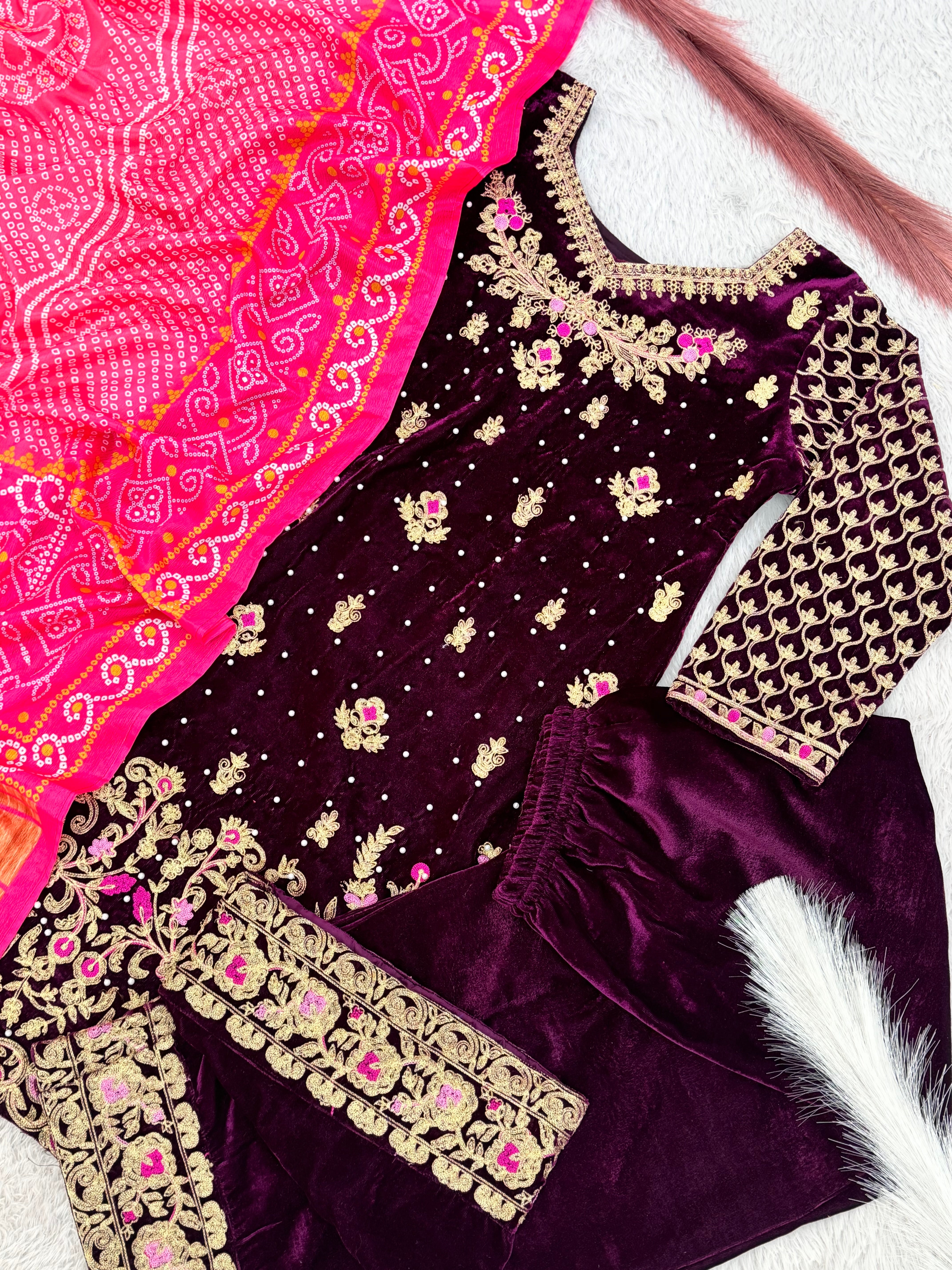 Designer Top - Plazzo With Dupatta With Embroidery And Riveted Moti Work