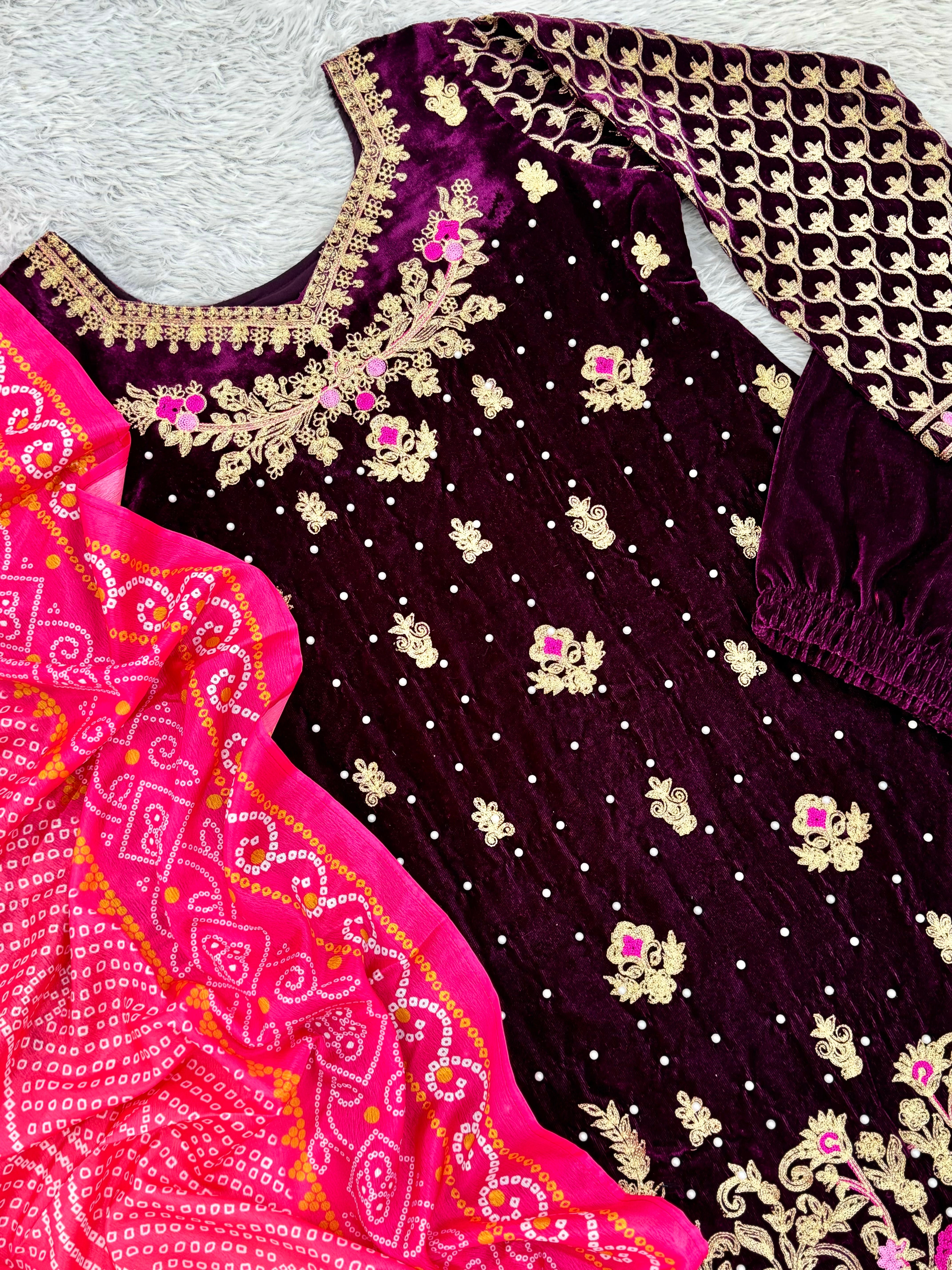 Designer Top - Plazzo With Dupatta With Embroidery And Riveted Moti Work