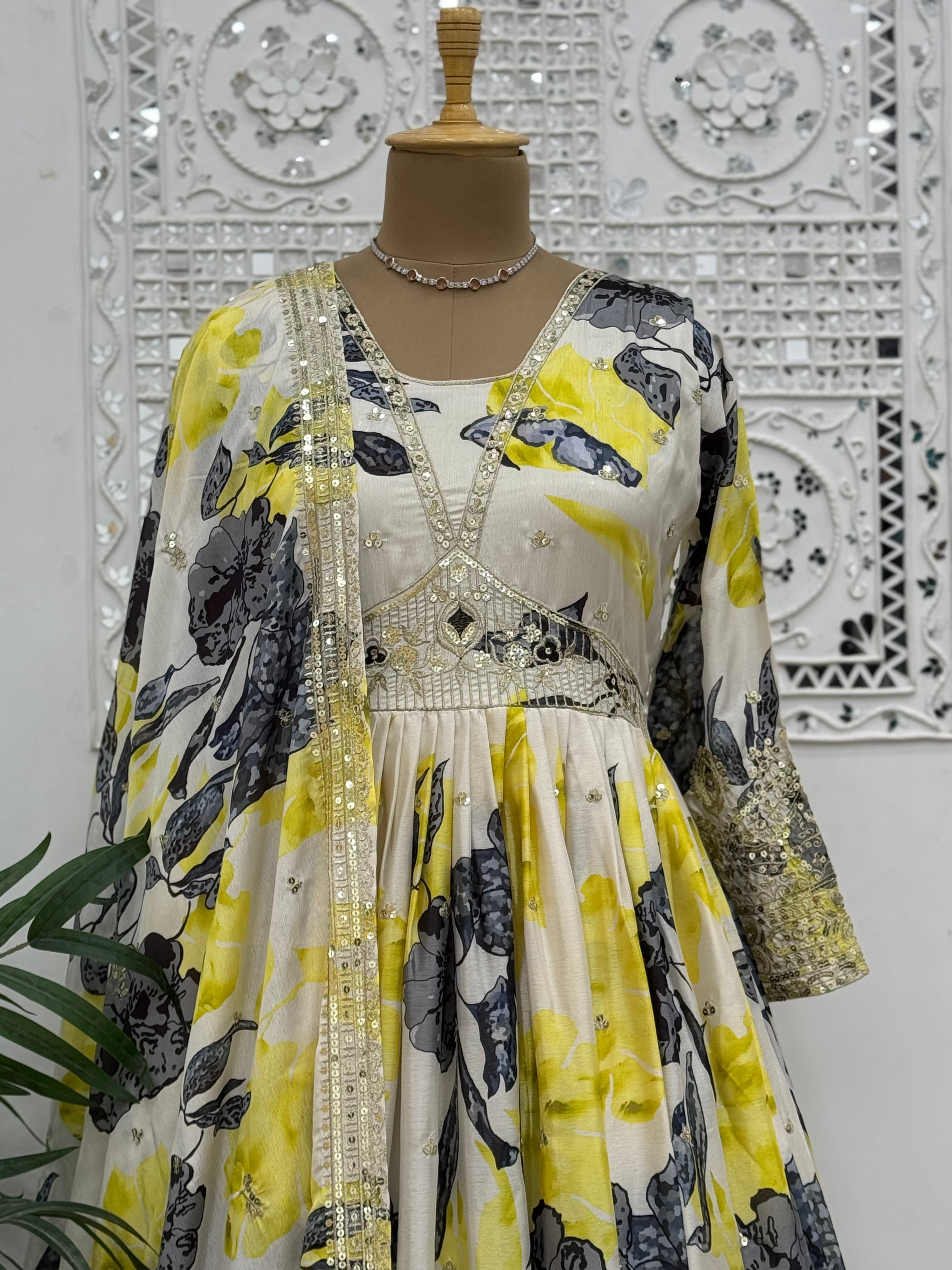 Designer Anarkali Gown With Dupatta With Fancy Digital Print