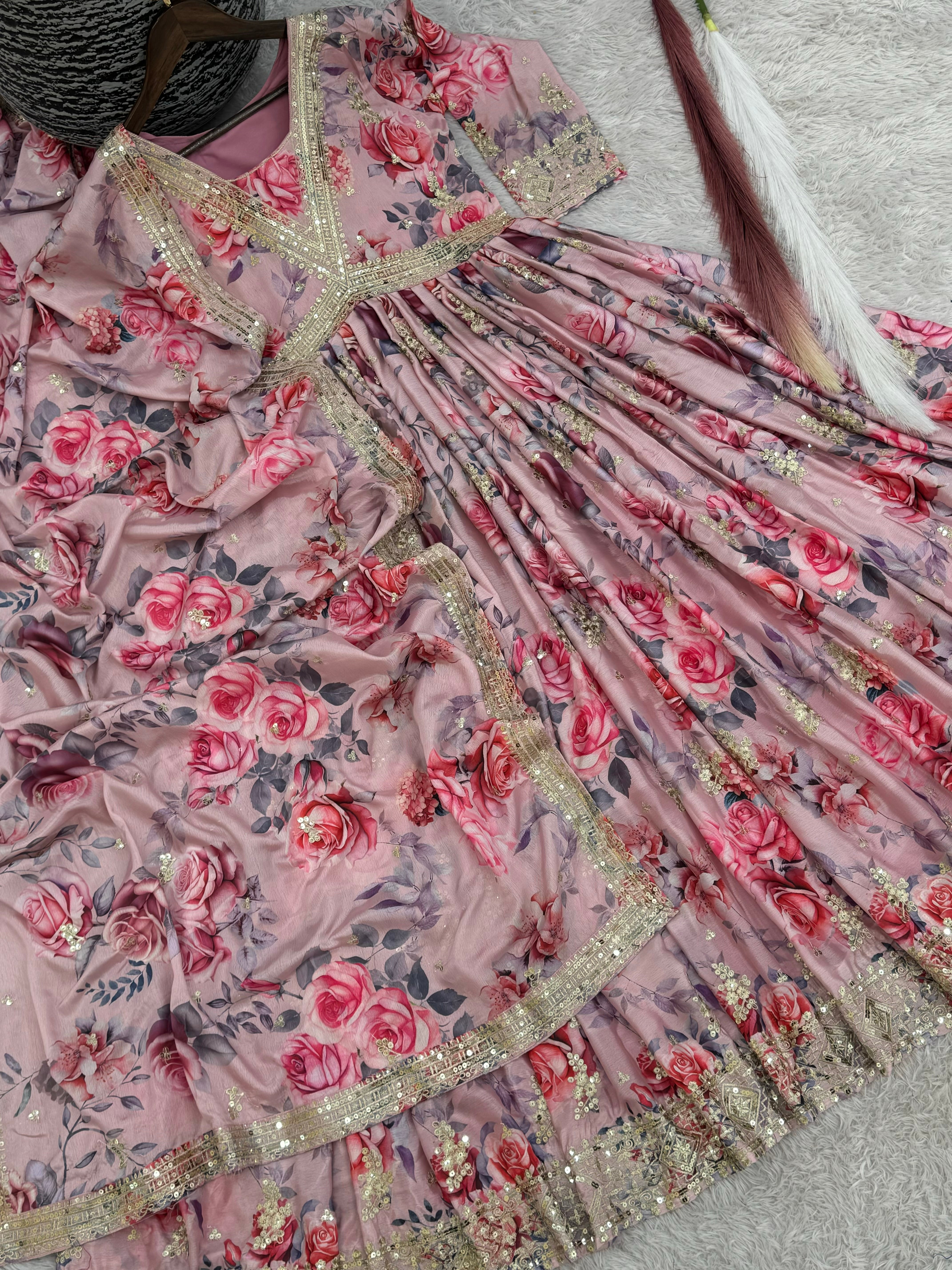 Designer Anarkali Gown With Dupatta With Fancy Digital Print