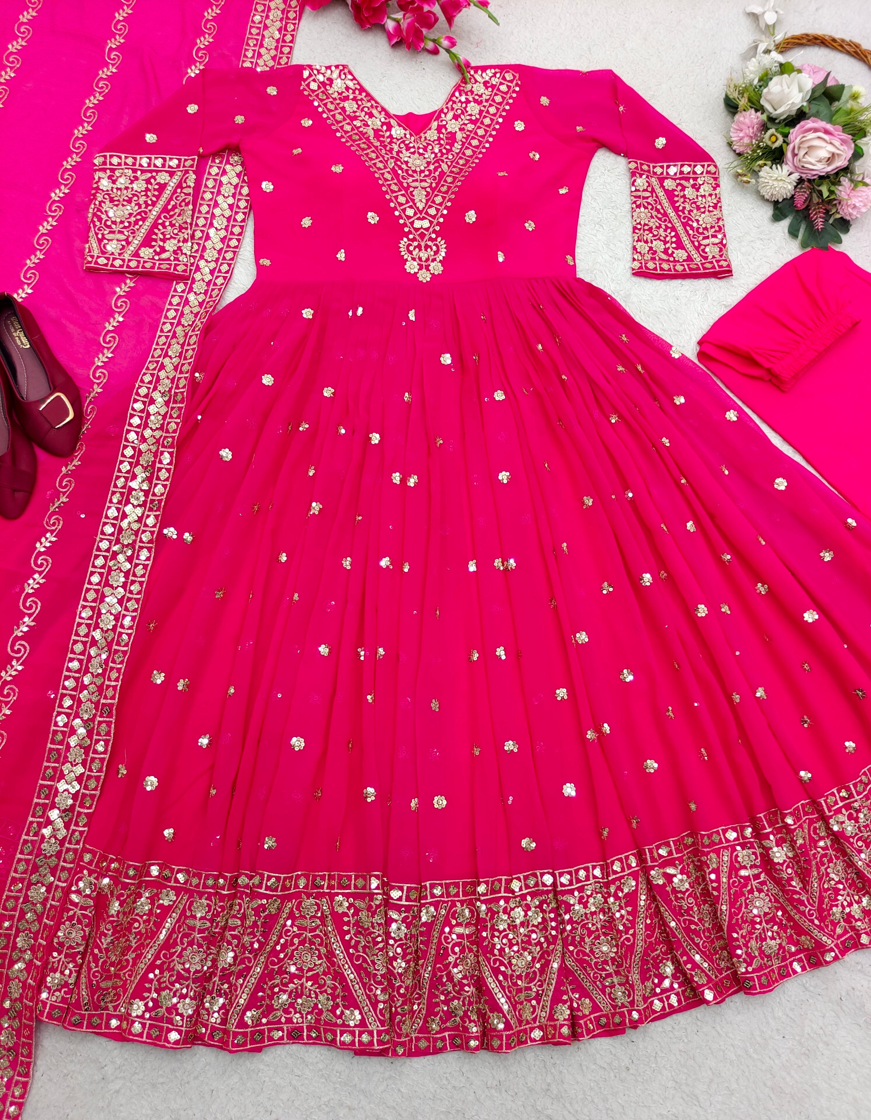 Designer Gown With Pent And Dupatta With Sequence Work