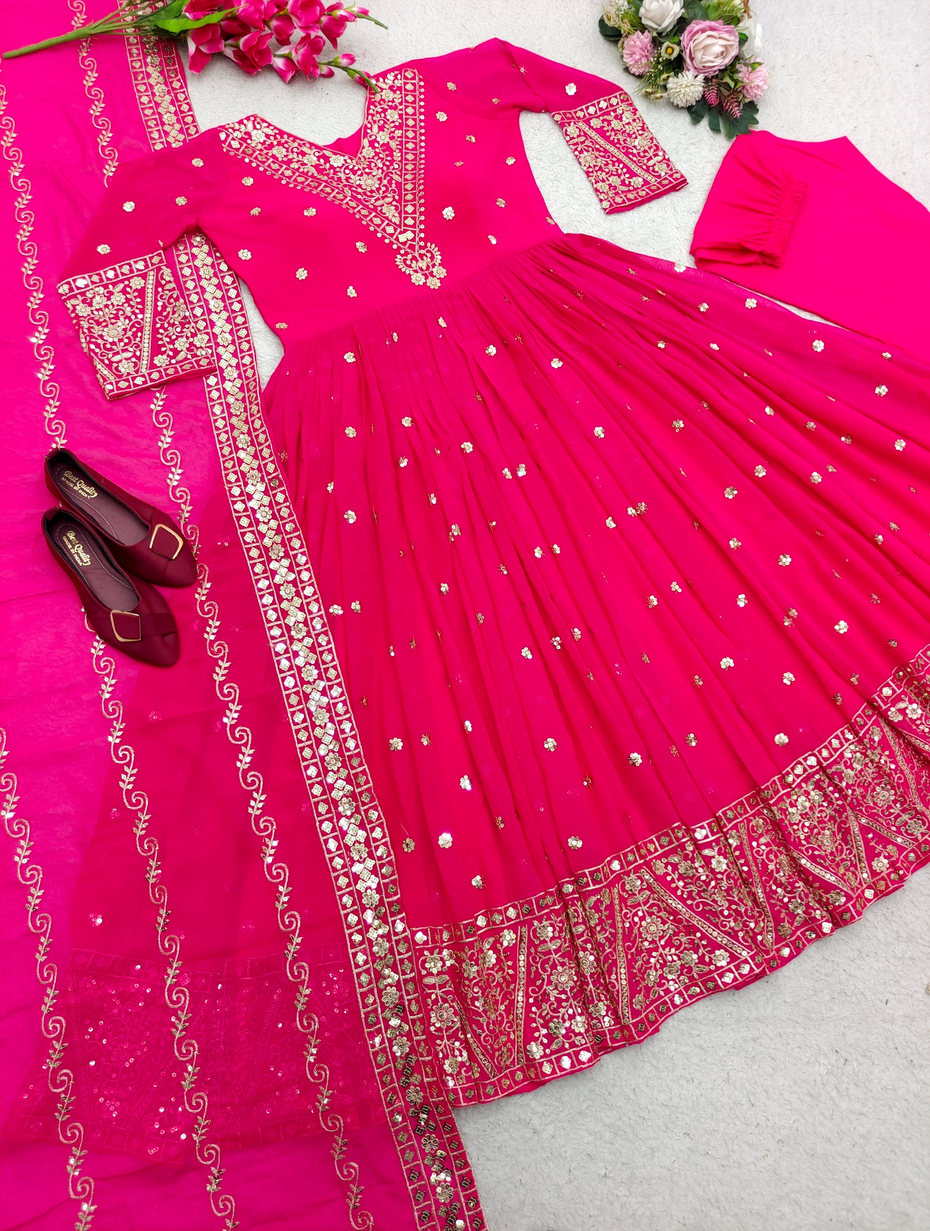 Designer Gown With Pent And Dupatta With Sequence Work