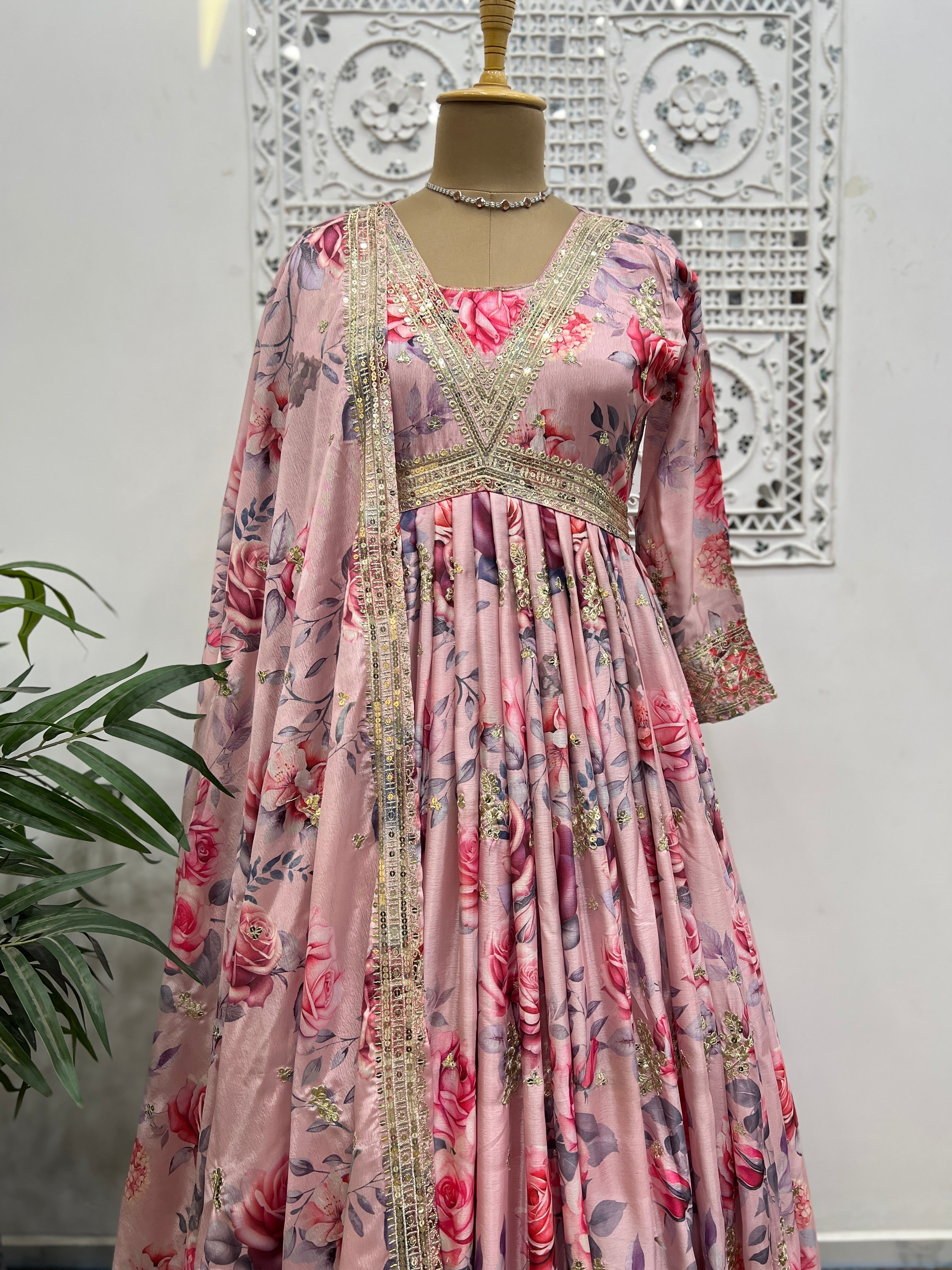 Designer Anarkali Gown With Dupatta With Fancy Digital Print