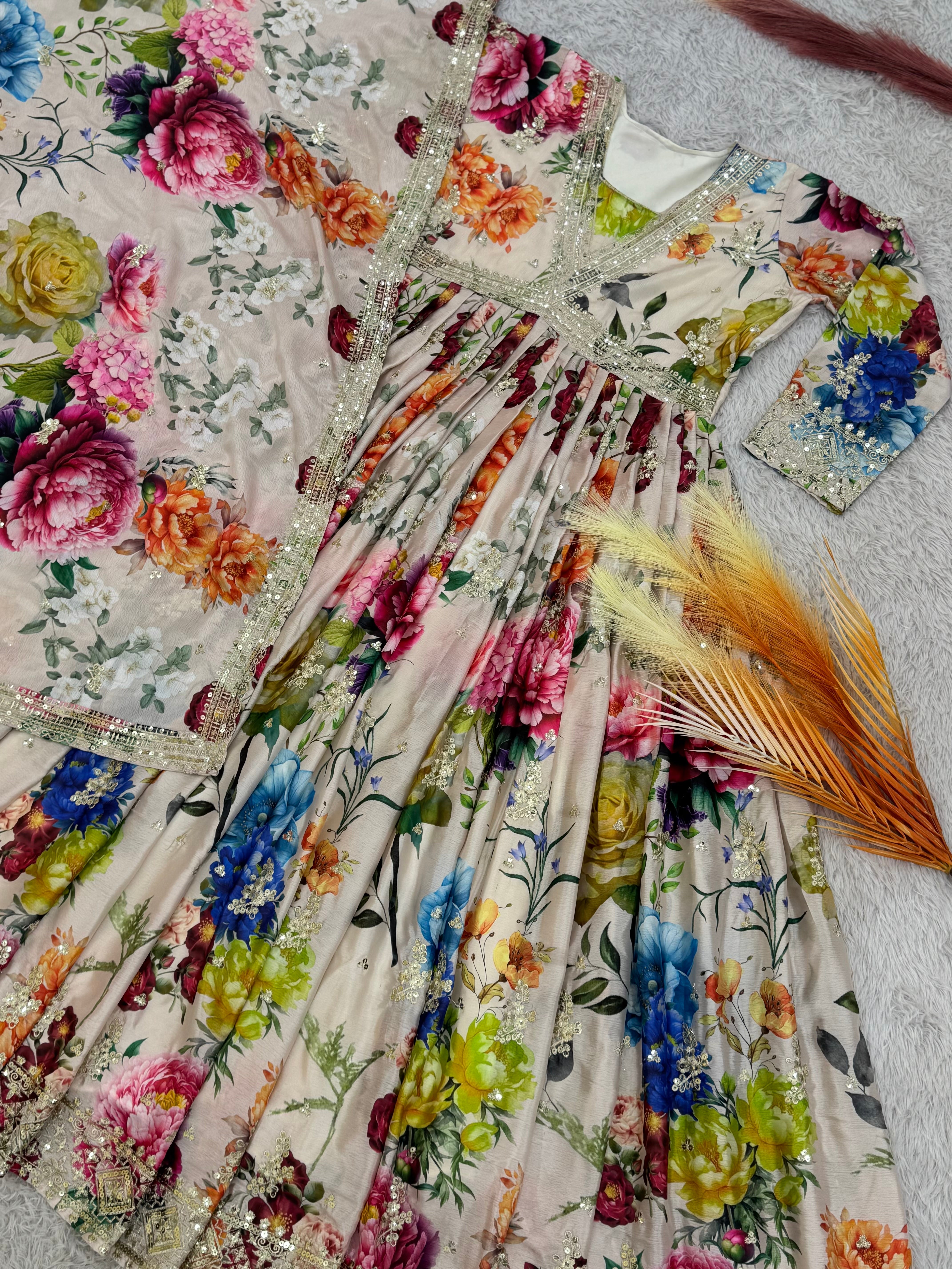 Designer Anarkali Gown With Dupatta With Fancy Digital Print