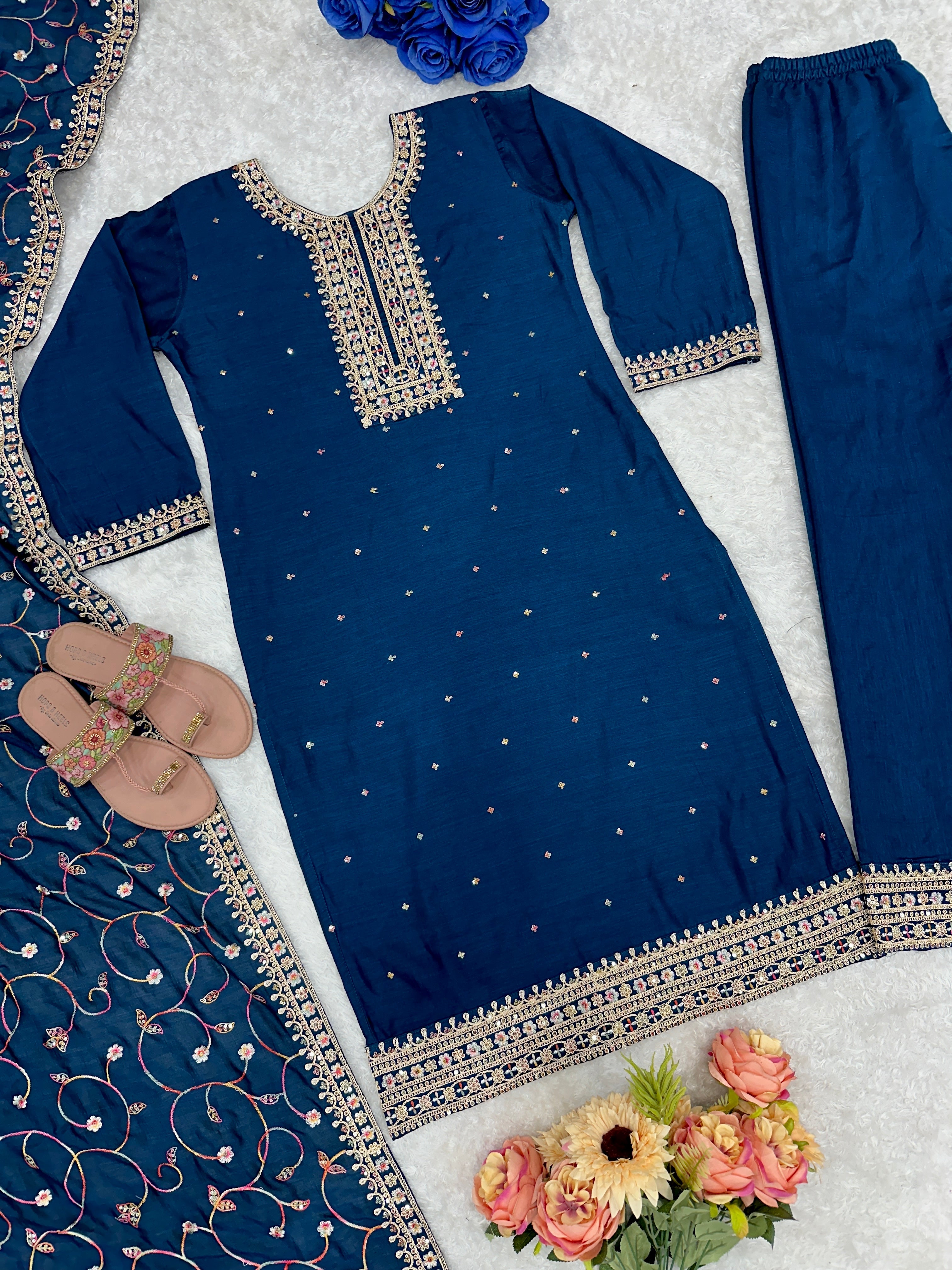 Party Wear Top Plazzo And Dupatta With Embroidery Work