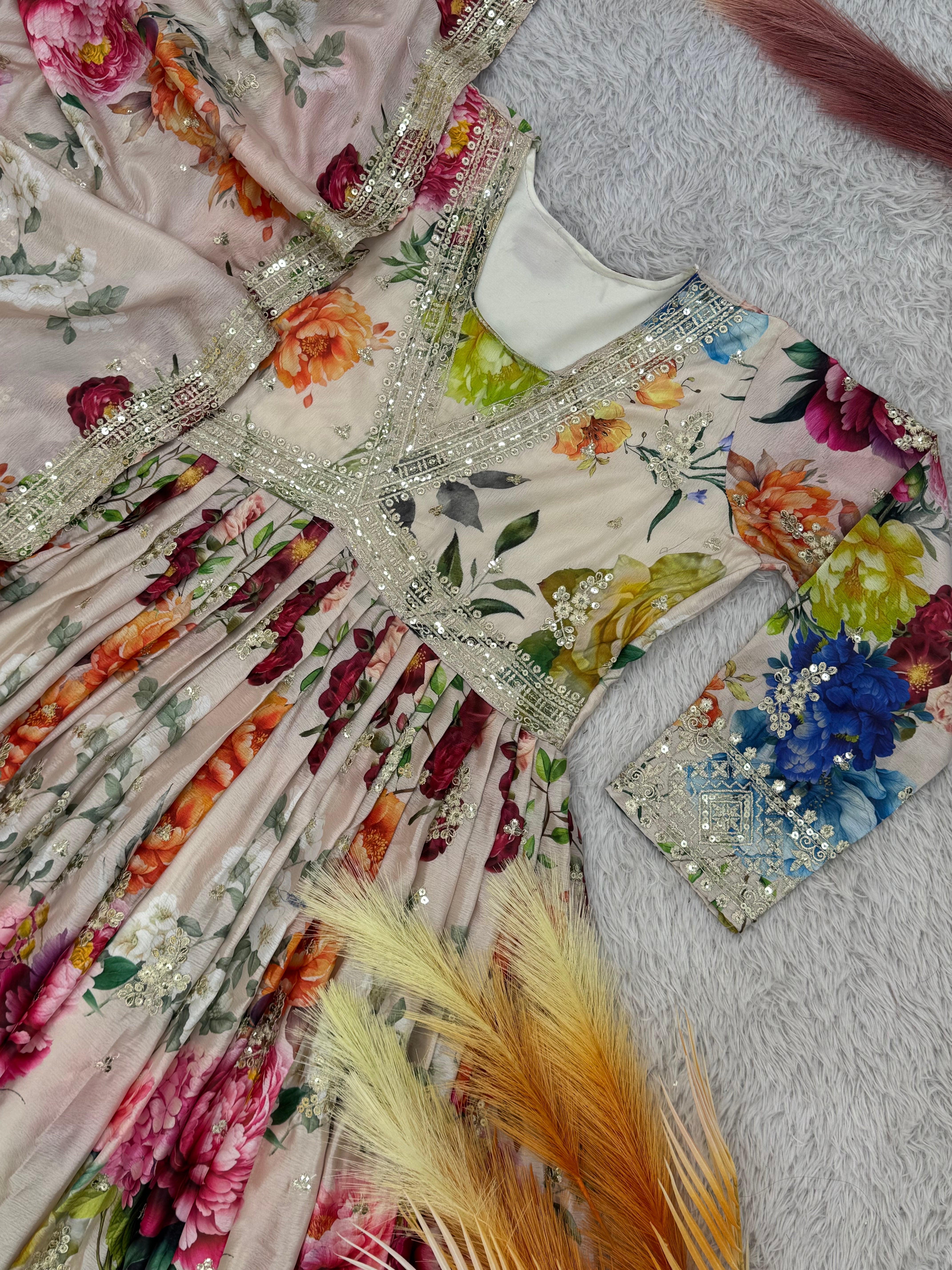 Designer Anarkali Gown With Dupatta With Fancy Digital Print