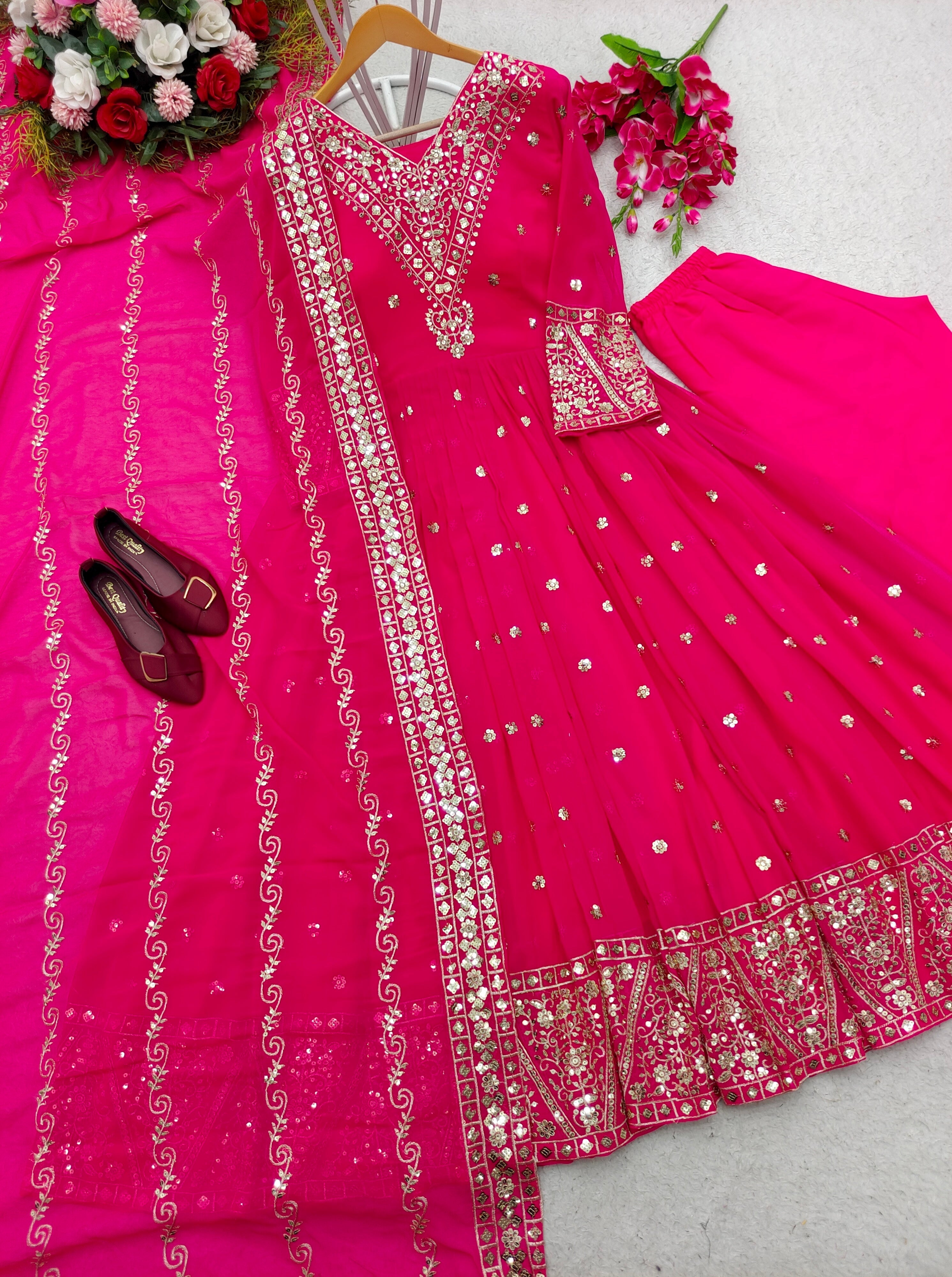 Designer Gown With Pent And Dupatta With Sequence Work