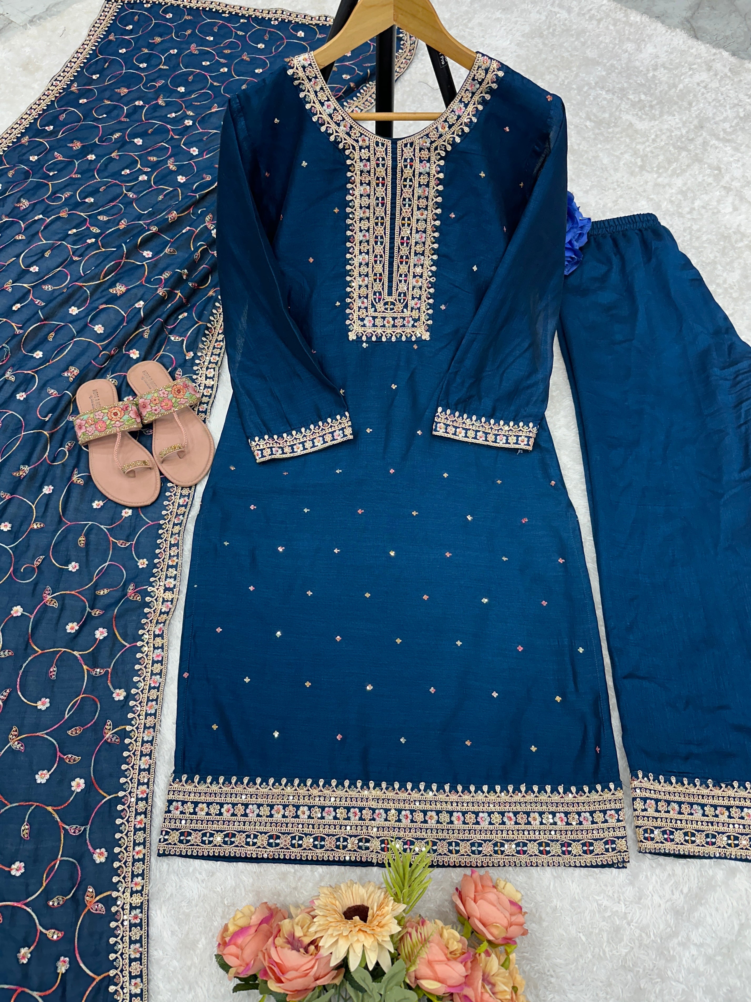 Party Wear Top Plazzo And Dupatta With Embroidery Work