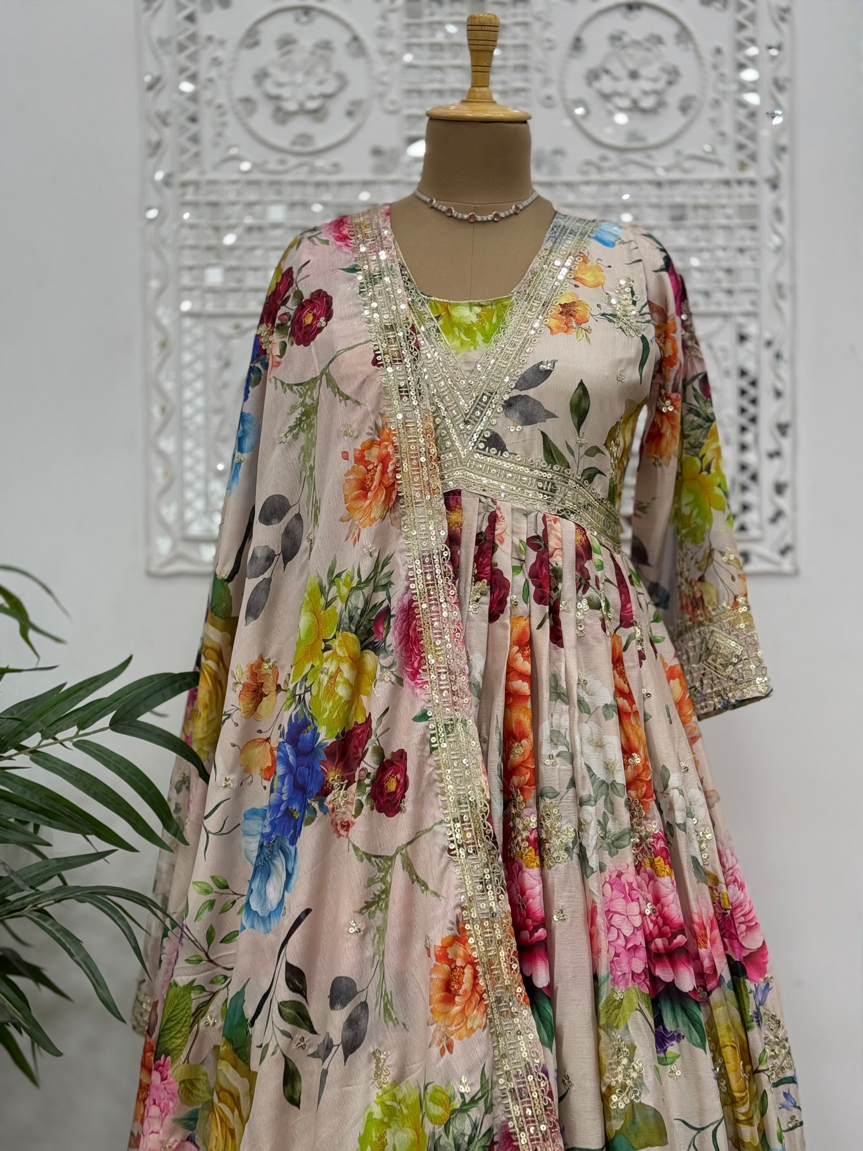 Designer Anarkali Gown With Dupatta With Fancy Digital Print