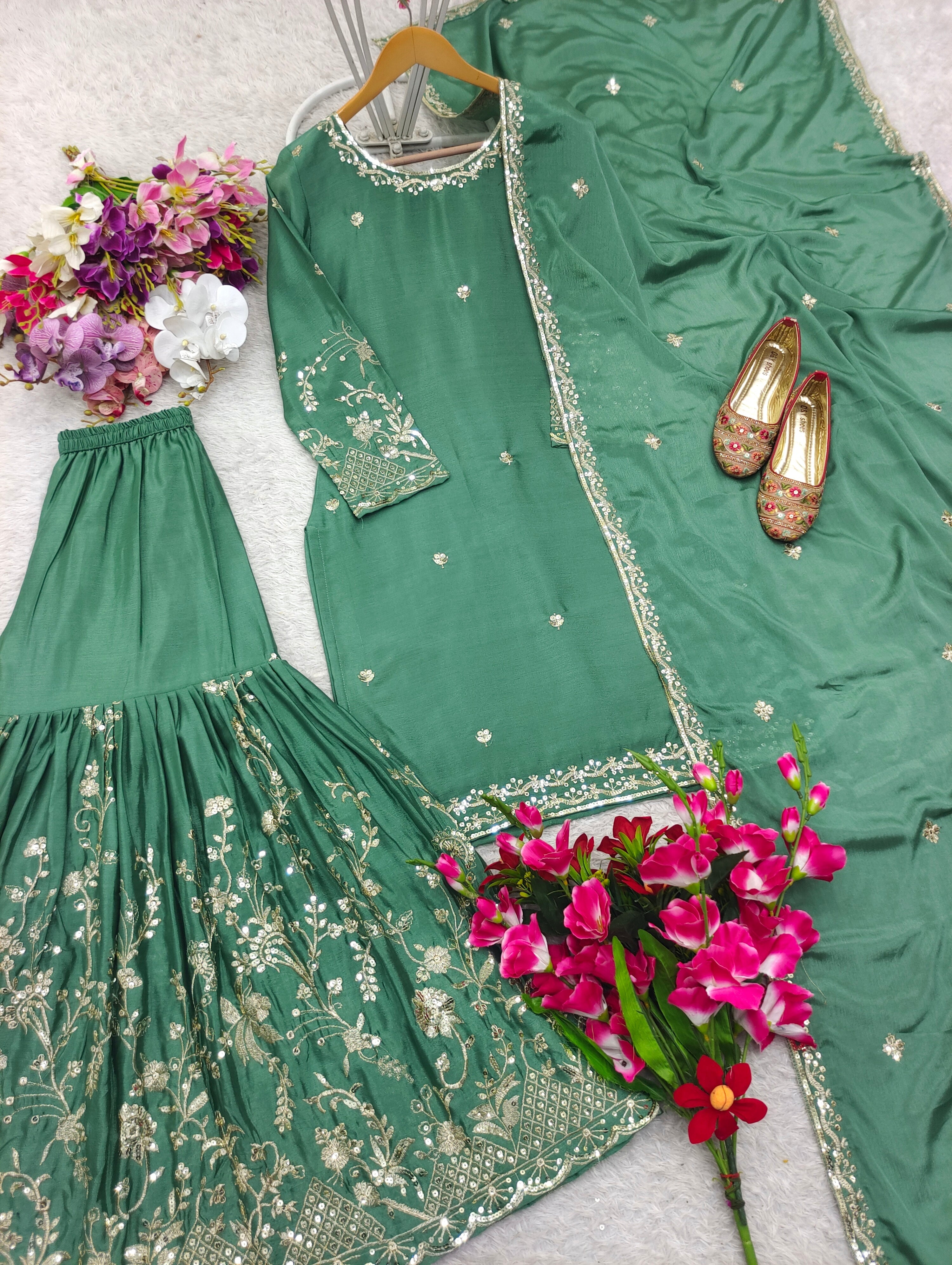 Designer Party Wear Top-Sarara And Dupatta With Embroidery Sequence Work