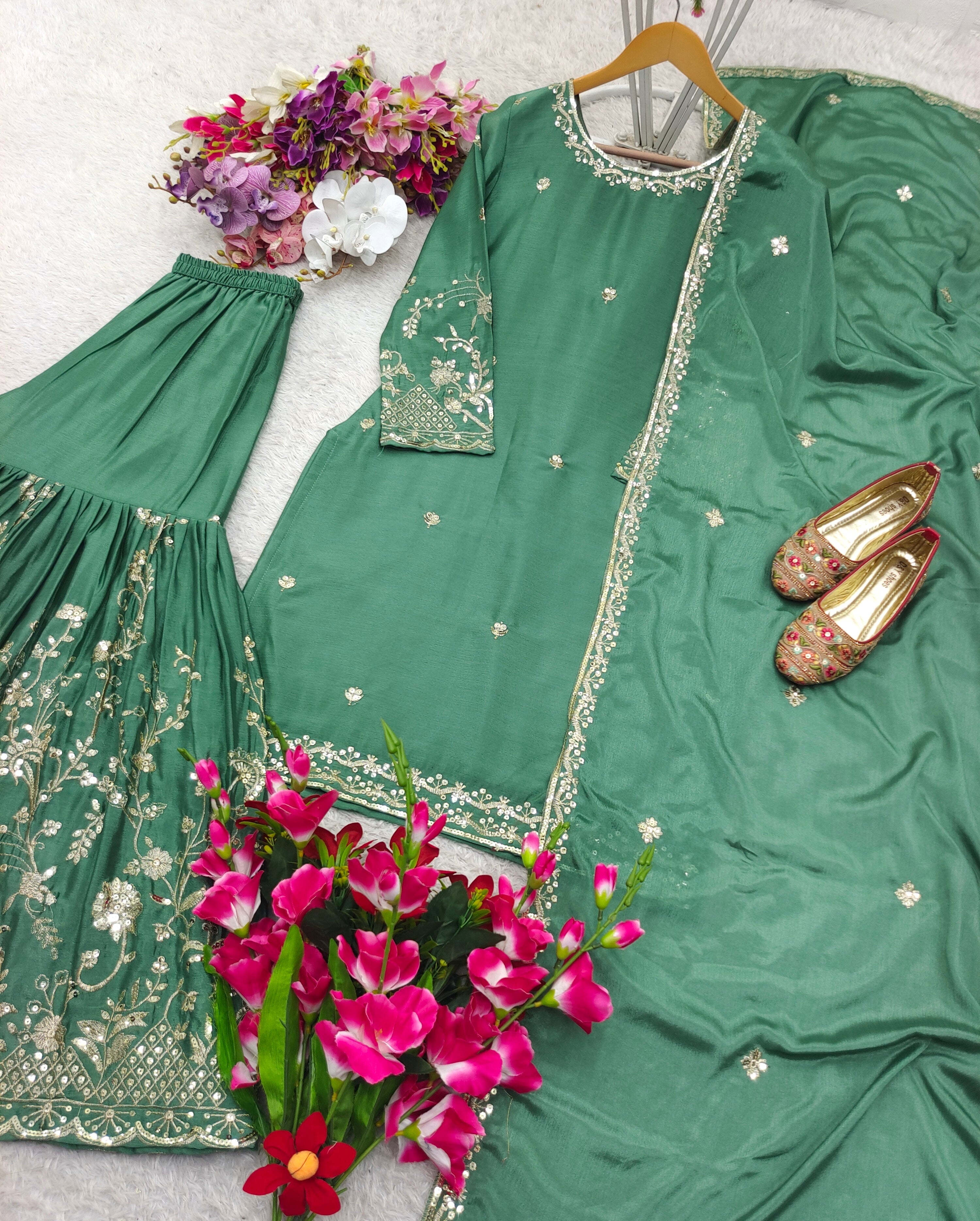 Designer Party Wear Top-Sarara And Dupatta With Embroidery Sequence Work