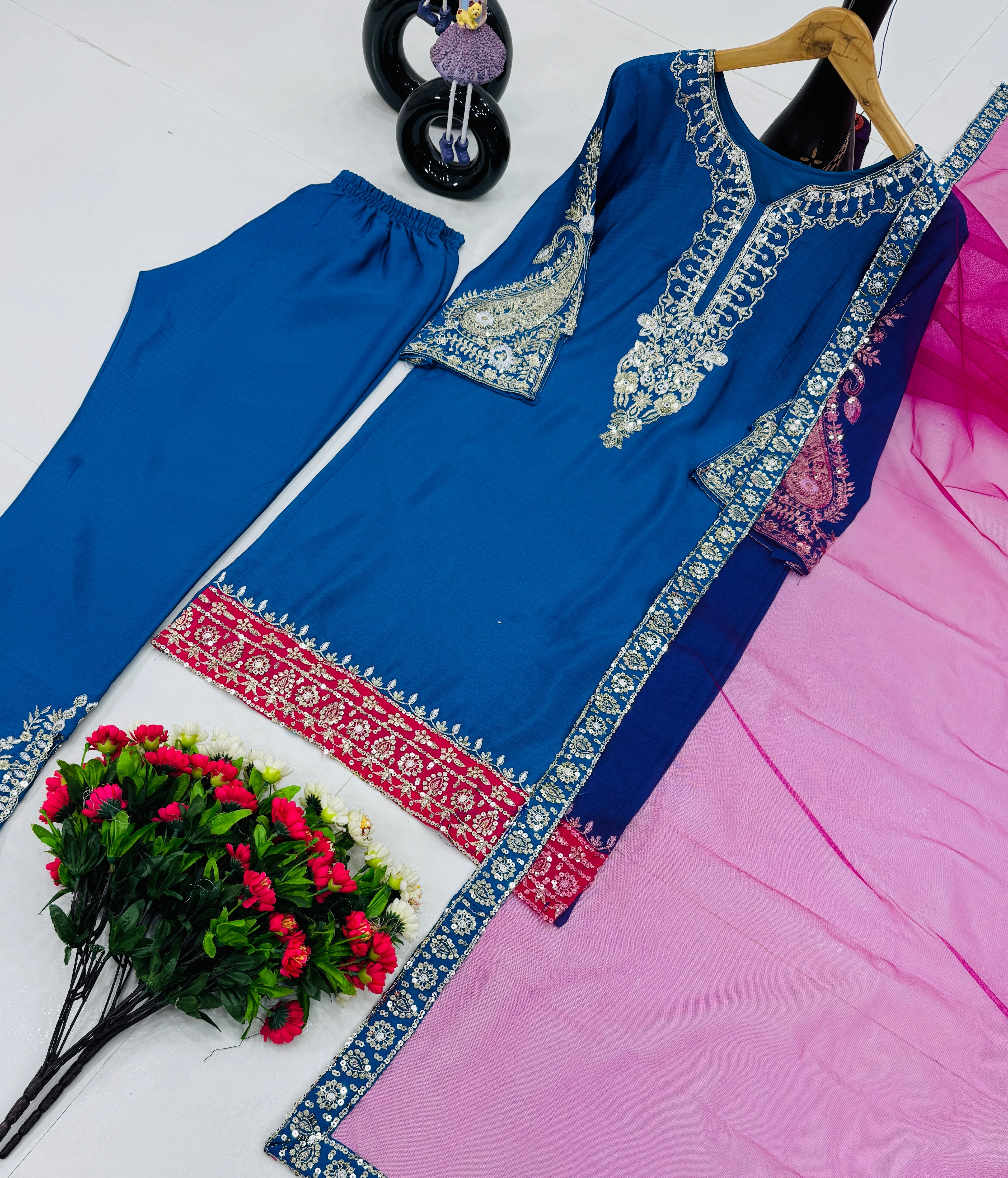 Designer Party Wear Top Plazzo And Dupatta With Embroidery Work