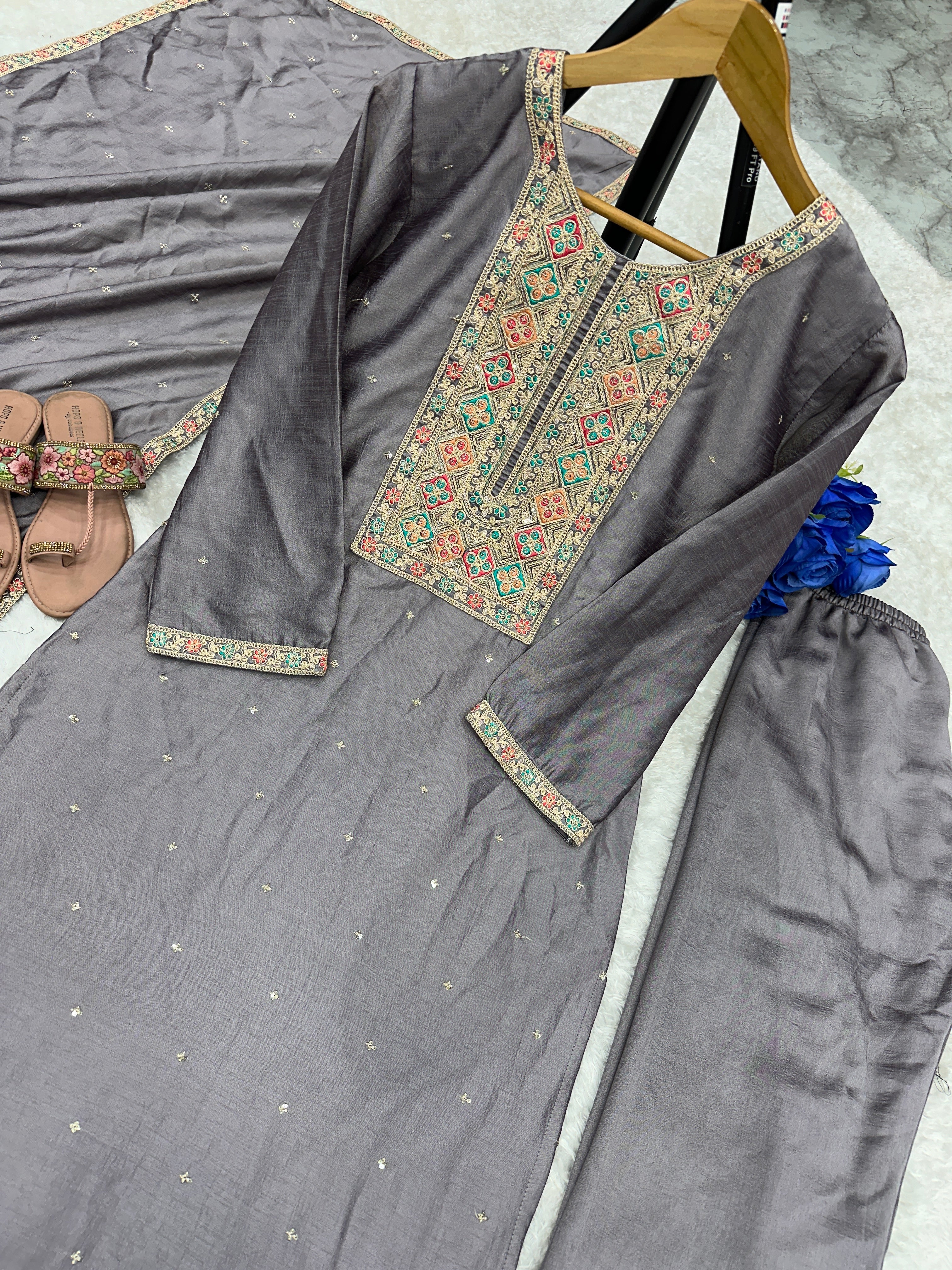 Beautiful Party Wear Top Plazzo And Dupatta With Embroidery Work