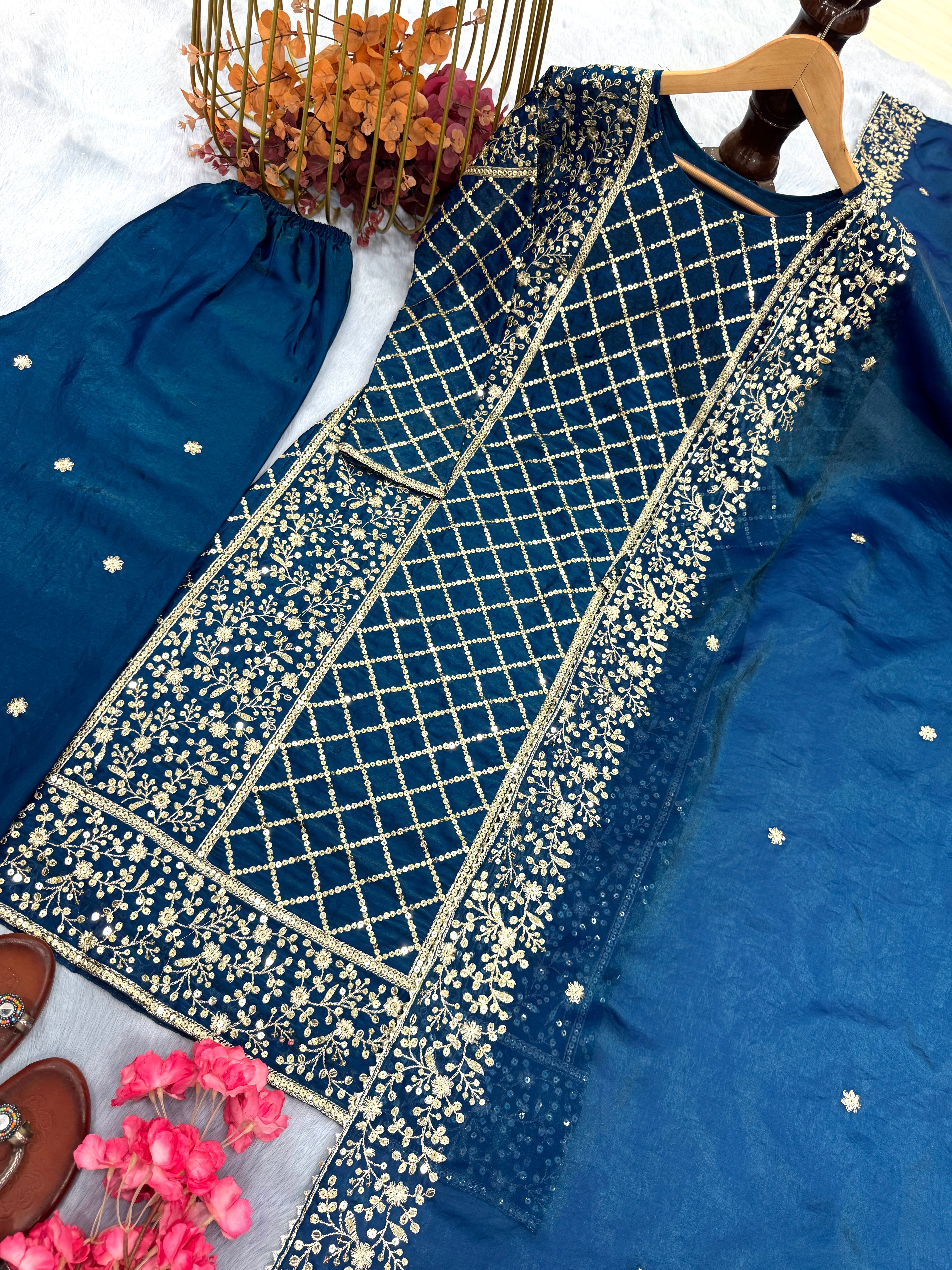 Designer Party Wear Look Top Plazzo & Dupatta