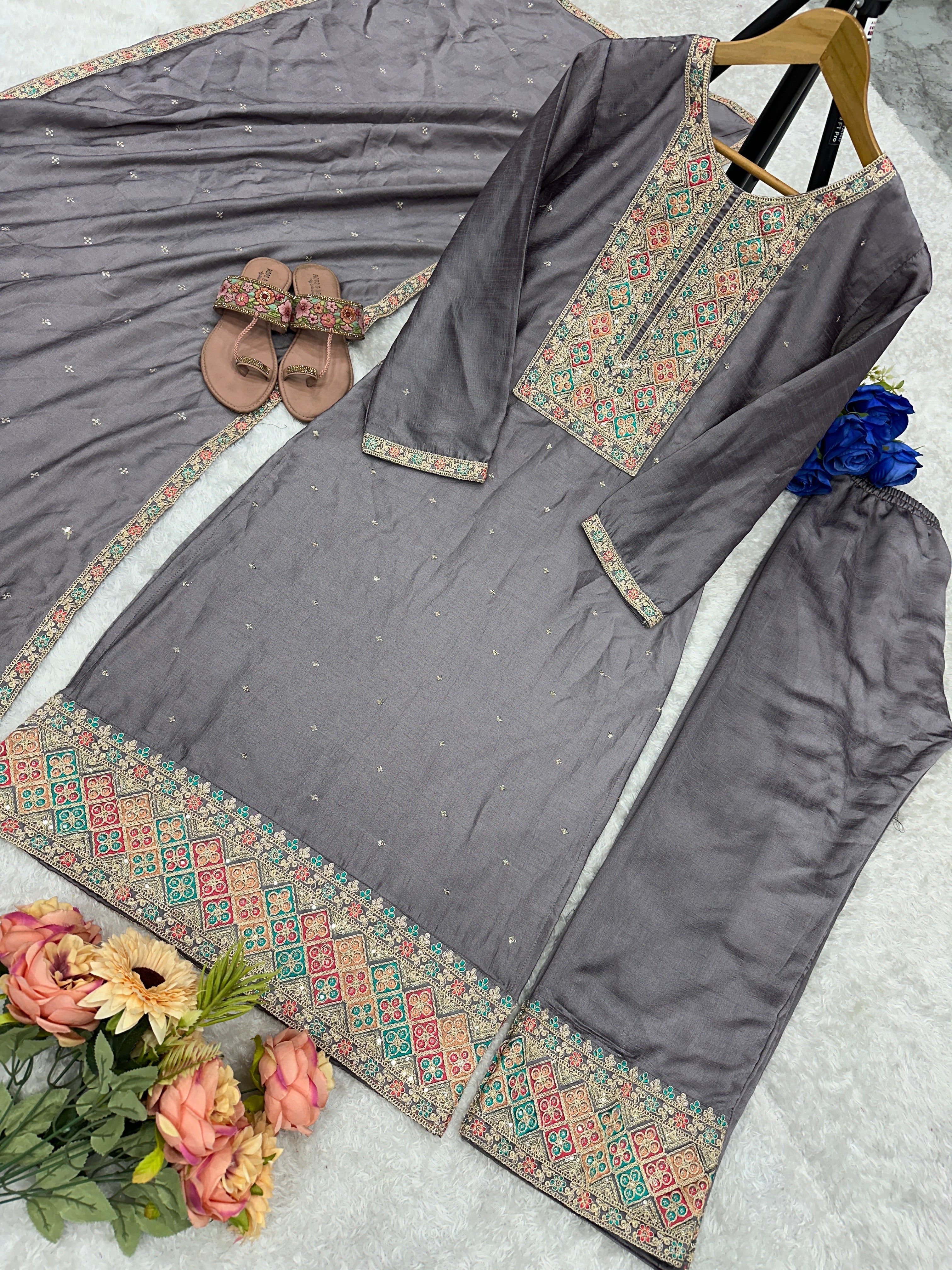 Beautiful Party Wear Top Plazzo And Dupatta With Embroidery Work