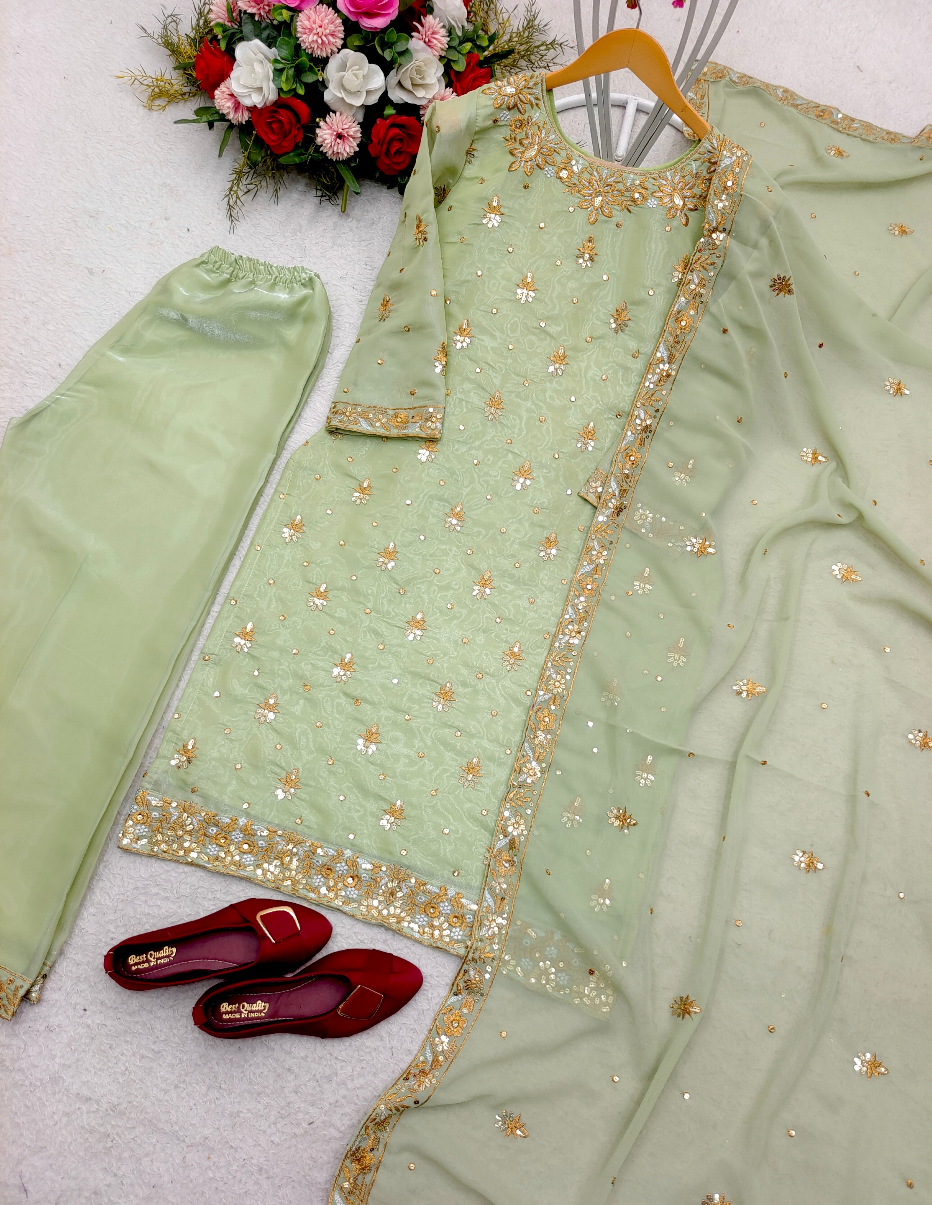 Designer Party Wear Top-Plazzo And Dupatta With Embroidery Work