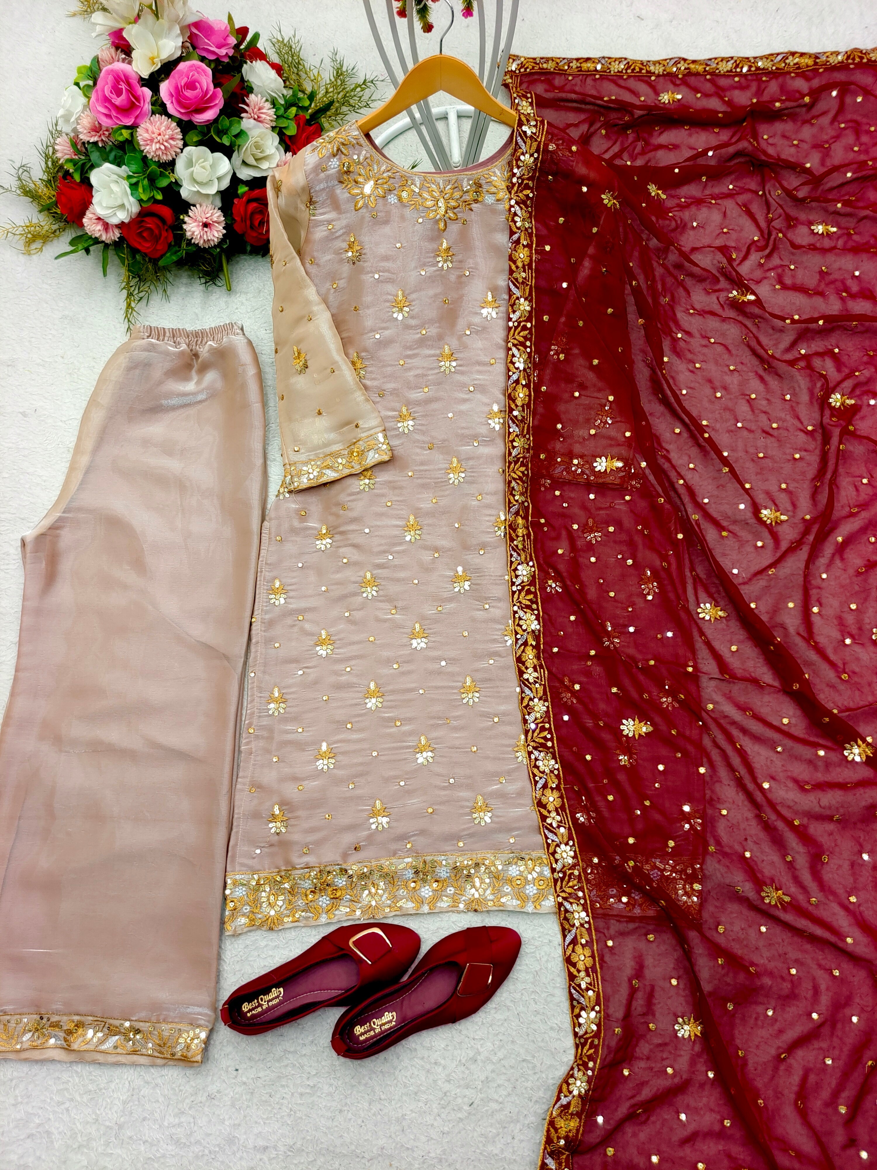 Designer Party Wear Top-Plazzo And Dupatta With Embroidery Work