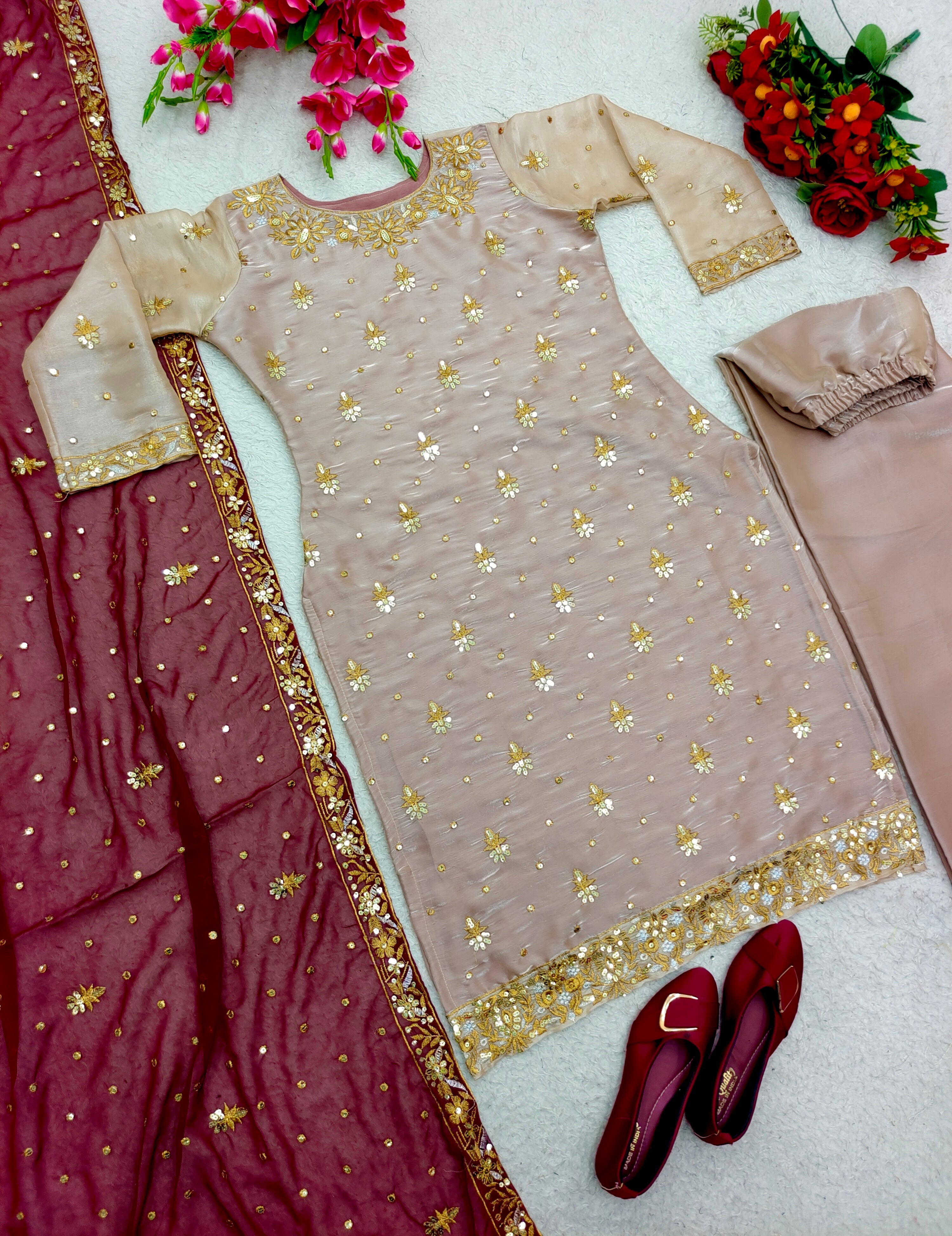Designer Party Wear Top-Plazzo And Dupatta With Embroidery Work