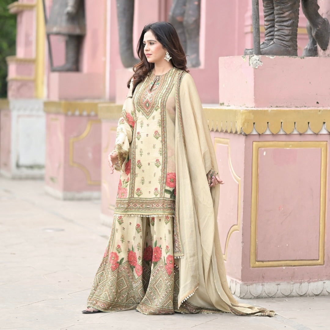 Top-Sharara And Dupatta With Digital Print With Latkan Lace