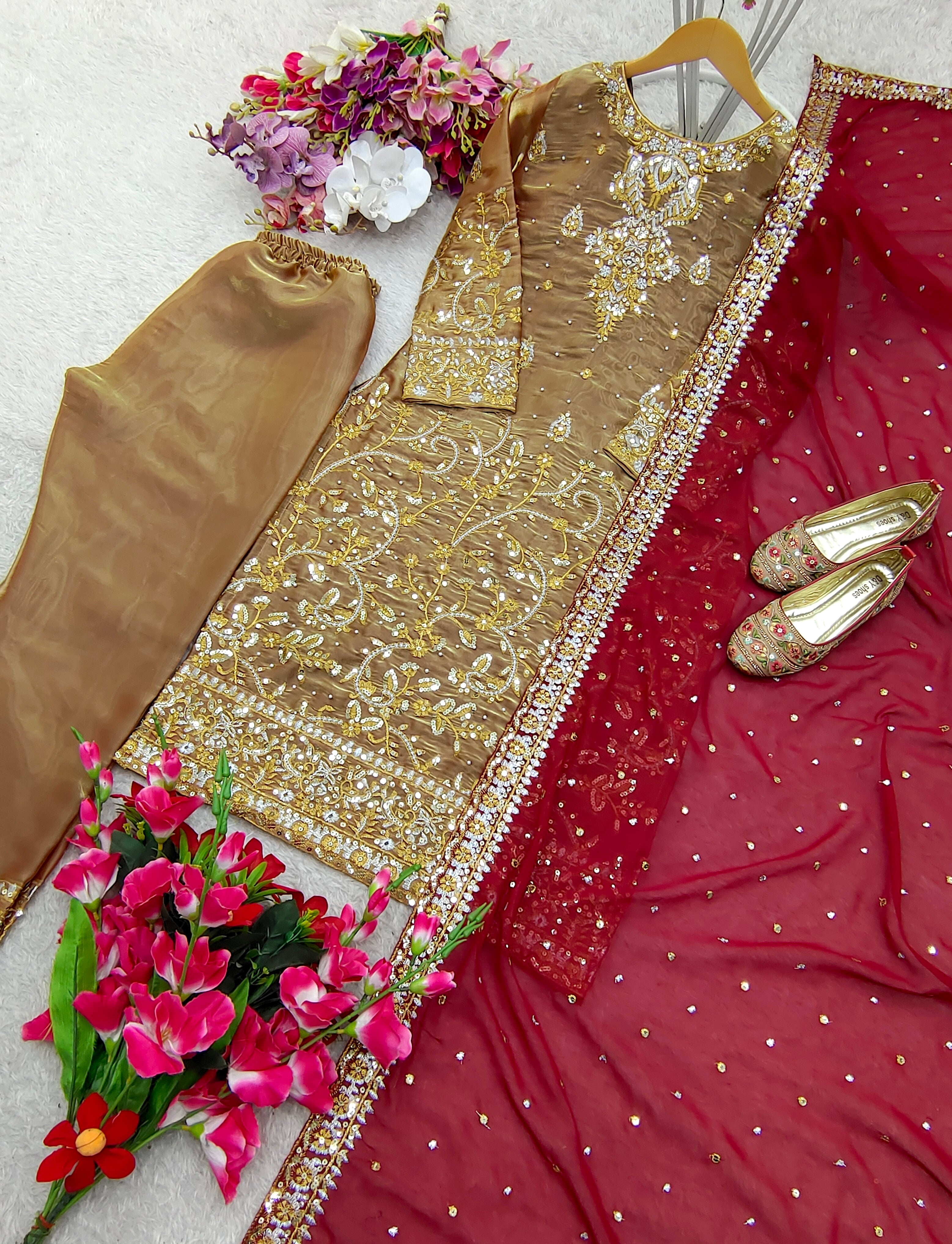 Party Wear Designer Top-Pent And Dupatta With Moti Work