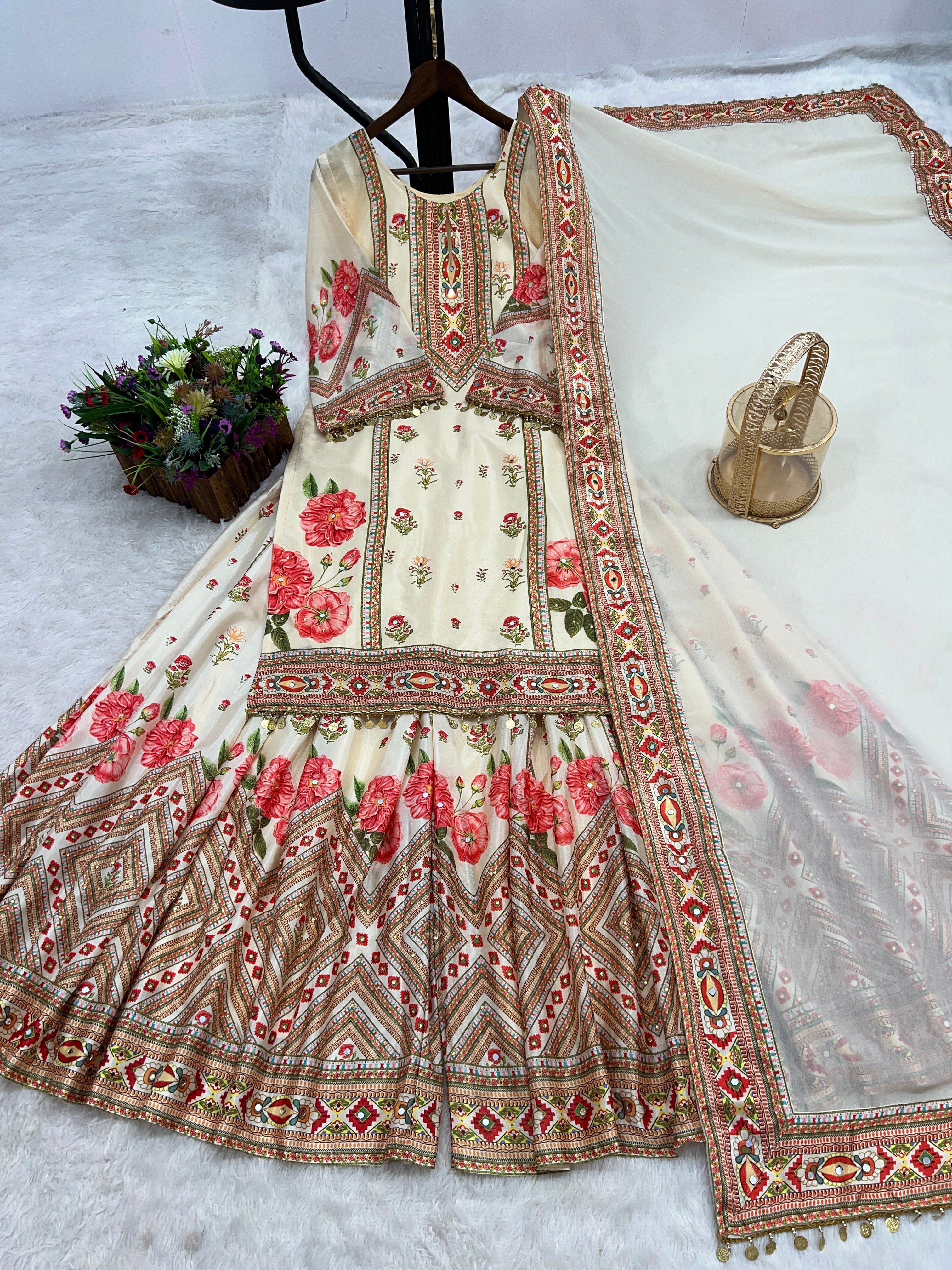 Top-Sharara And Dupatta With Digital Print With Latkan Lace